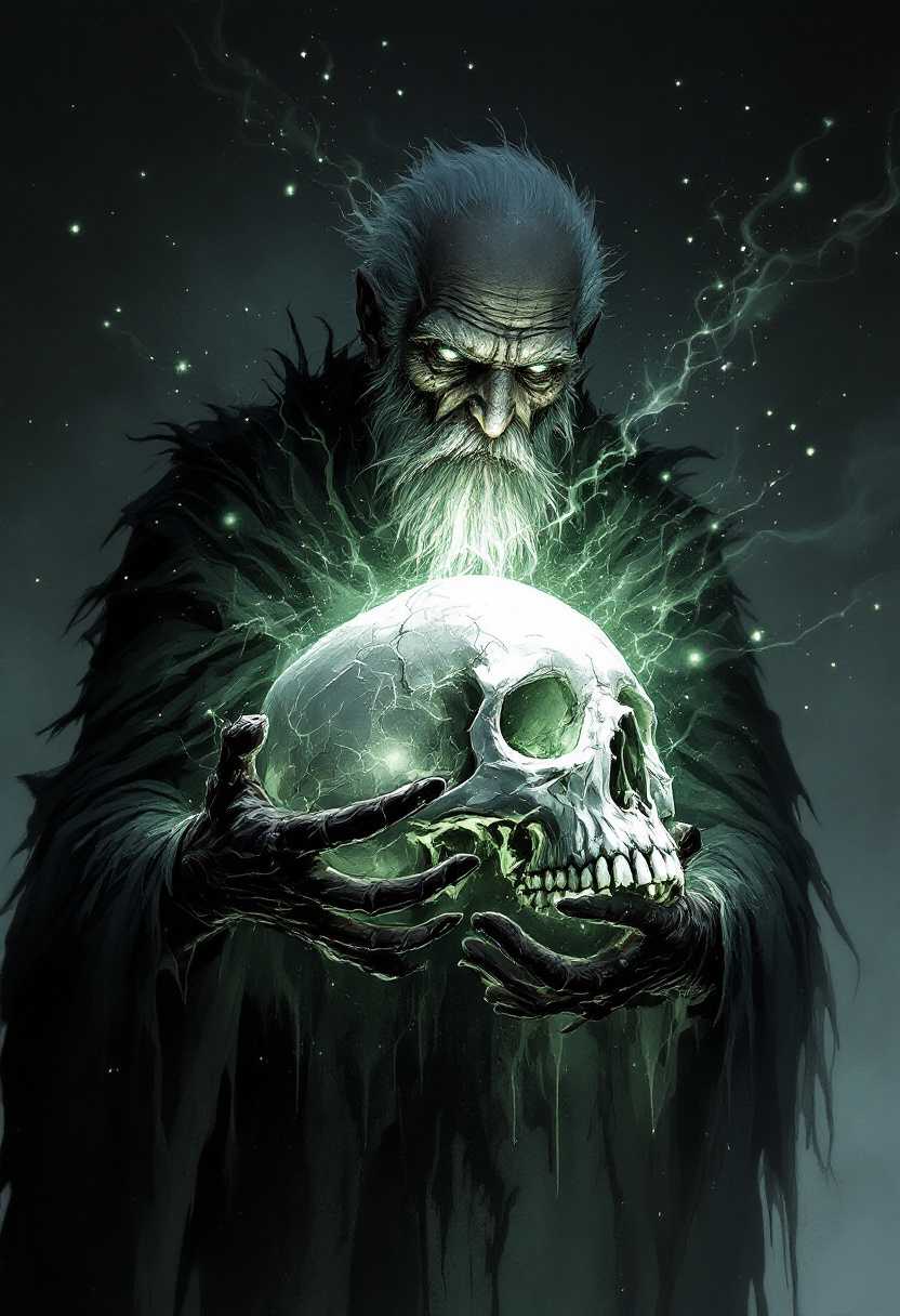 an old man holding a big skull, in the style of concept art, ethereal, ghostly figures, cryengine, monochromatic artworks, firecore, dark matter art, energy-filled illustrations