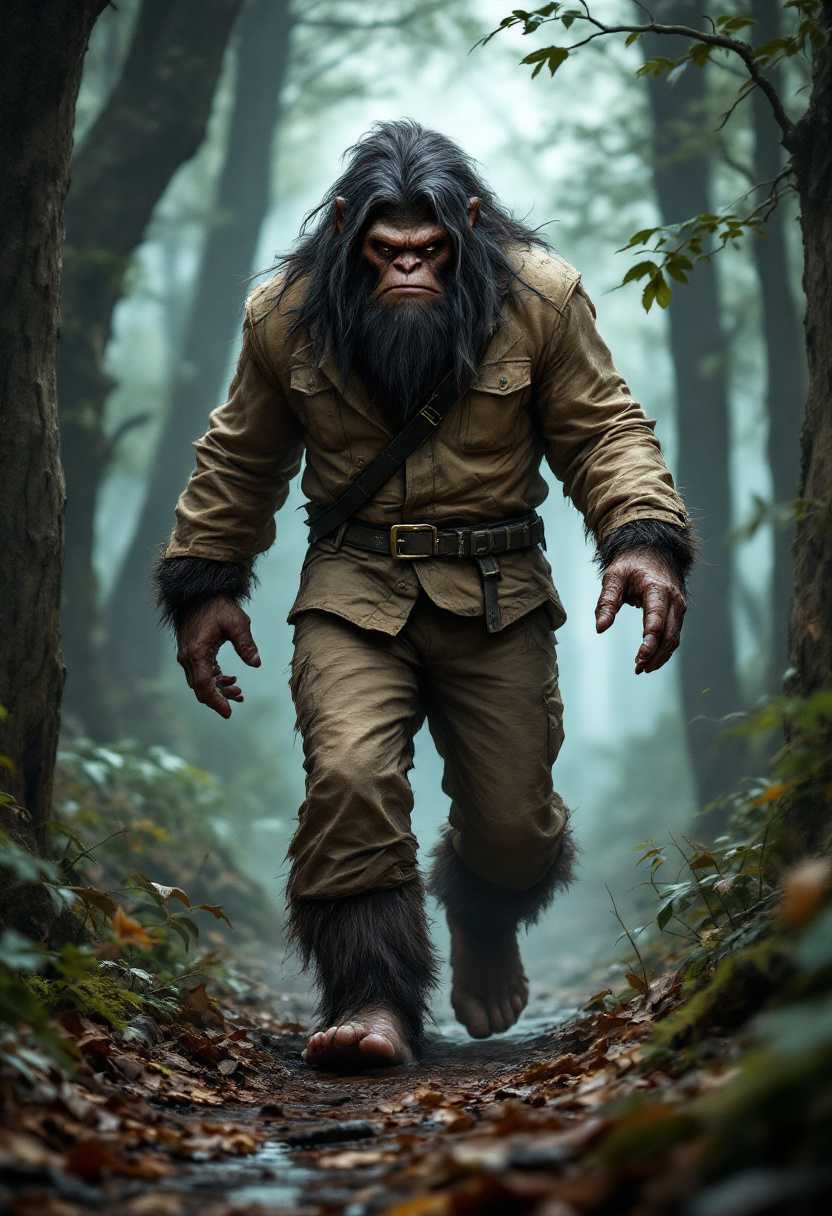 Giant Ape in Forest Hairy Beast Walks Through Trees and Leaves