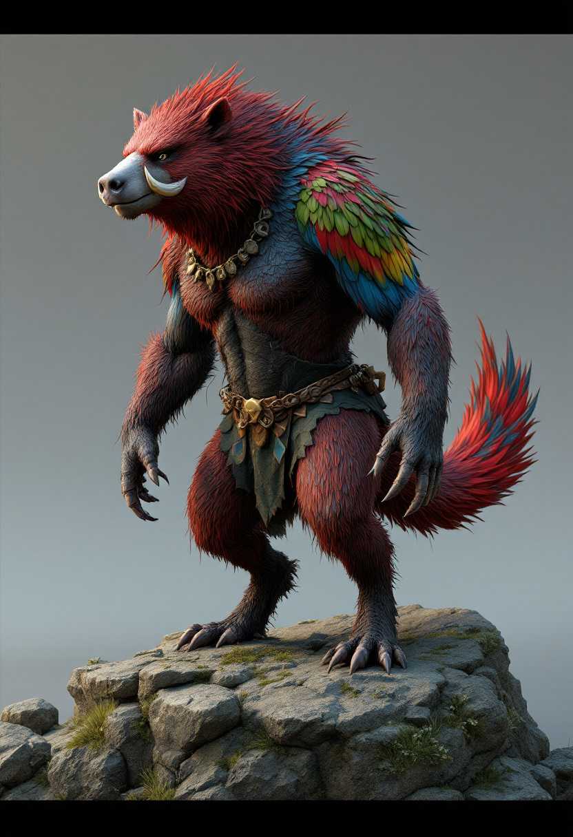 A 3D render of a creature with the body of a half boar, half bear, and half big dark red big cat. The creature also has the head of a parrot and the tail of a fox. The creature is standing on a rocky terrain.