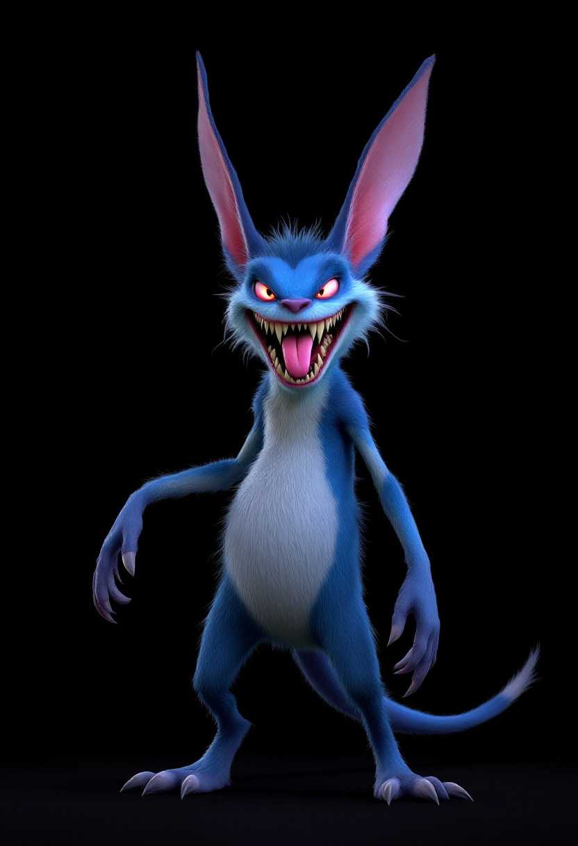 A 3d render of a Pixar movie design character. An animated blue creature with long ears, sharp teeth, and glowing red eyes is standing in a dynamic pose. One arm is extended forward, and the other is bent at the elbow. The creature has a long, slender tail and is standing on a black background. The creature's fur is predominantly blue with some white patches, and it has a pink tongue sticking out.
