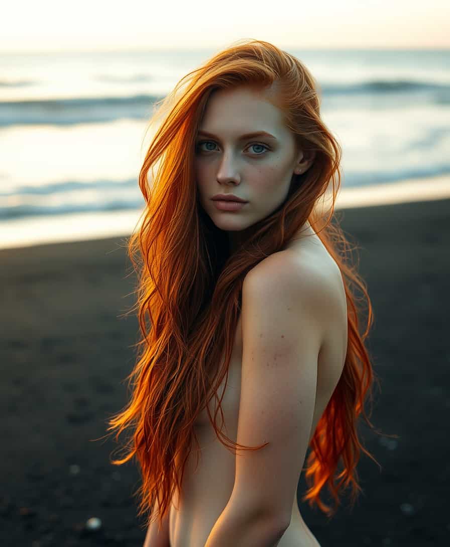 A captivating portrait of a nude model with cascading long red hair, each strand shining vibrantly under the soft glow of the setting sun. Her fair skin is adorned with delicate freckles that add a touch of individuality and warmth to her expression. She stands on a black sand beach, the dark grains contrasting beautifully with her radiant appearance. The ocean waves gently lap at the shore in the background, their whispers creating a serene, contemplative atmosphere. The scene is set during the golden hour, casting an ethereal light that accentuates the rich hues of her hair and skin. The composition captures her from a slightly lower angle, giving her an empowering stance against the vast, open sky. The overall mood is one of natural beauty and tranquility, with a soft, diffused lighting that highlights the textures and details of both the model and the unique landscape. Rendered in a realistic, high-definition style, this image combines elements of fine art photography and timeless portraiture.