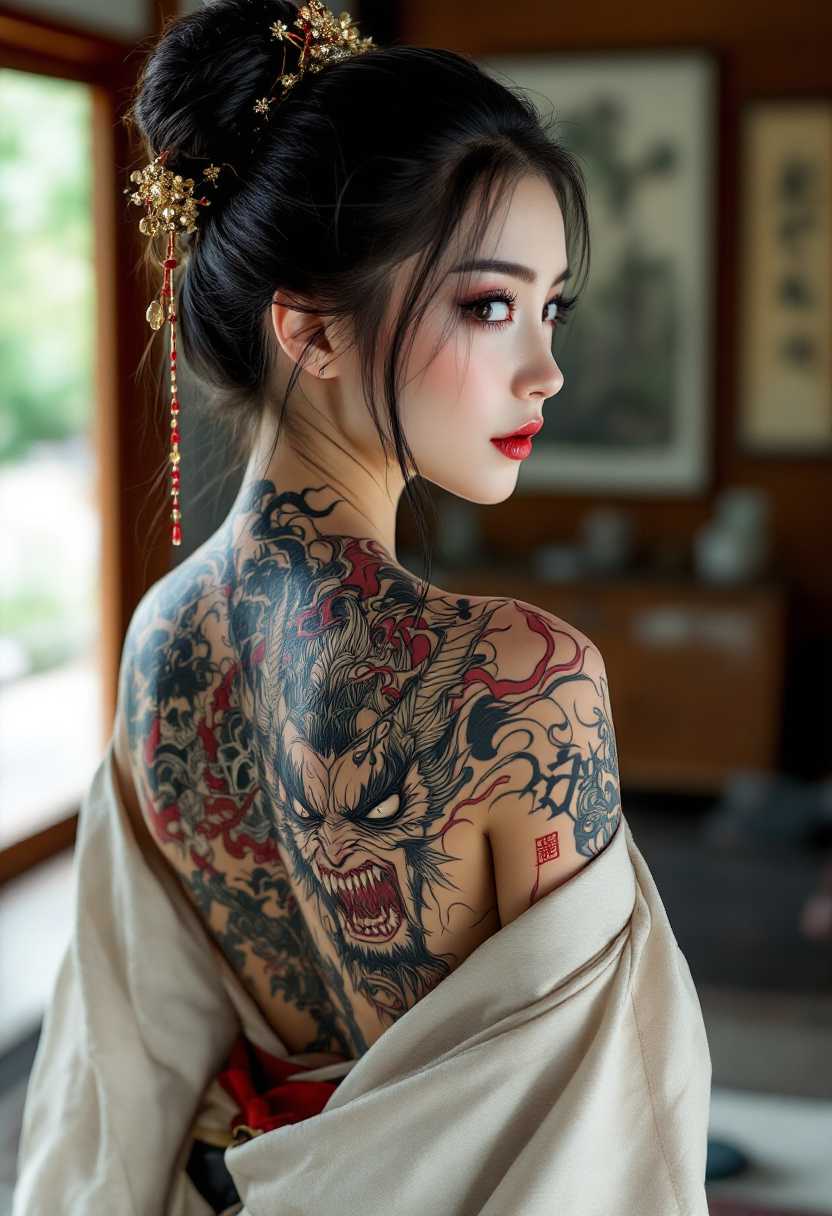 Stylish Geisha Tattoo on Womans Shoulder