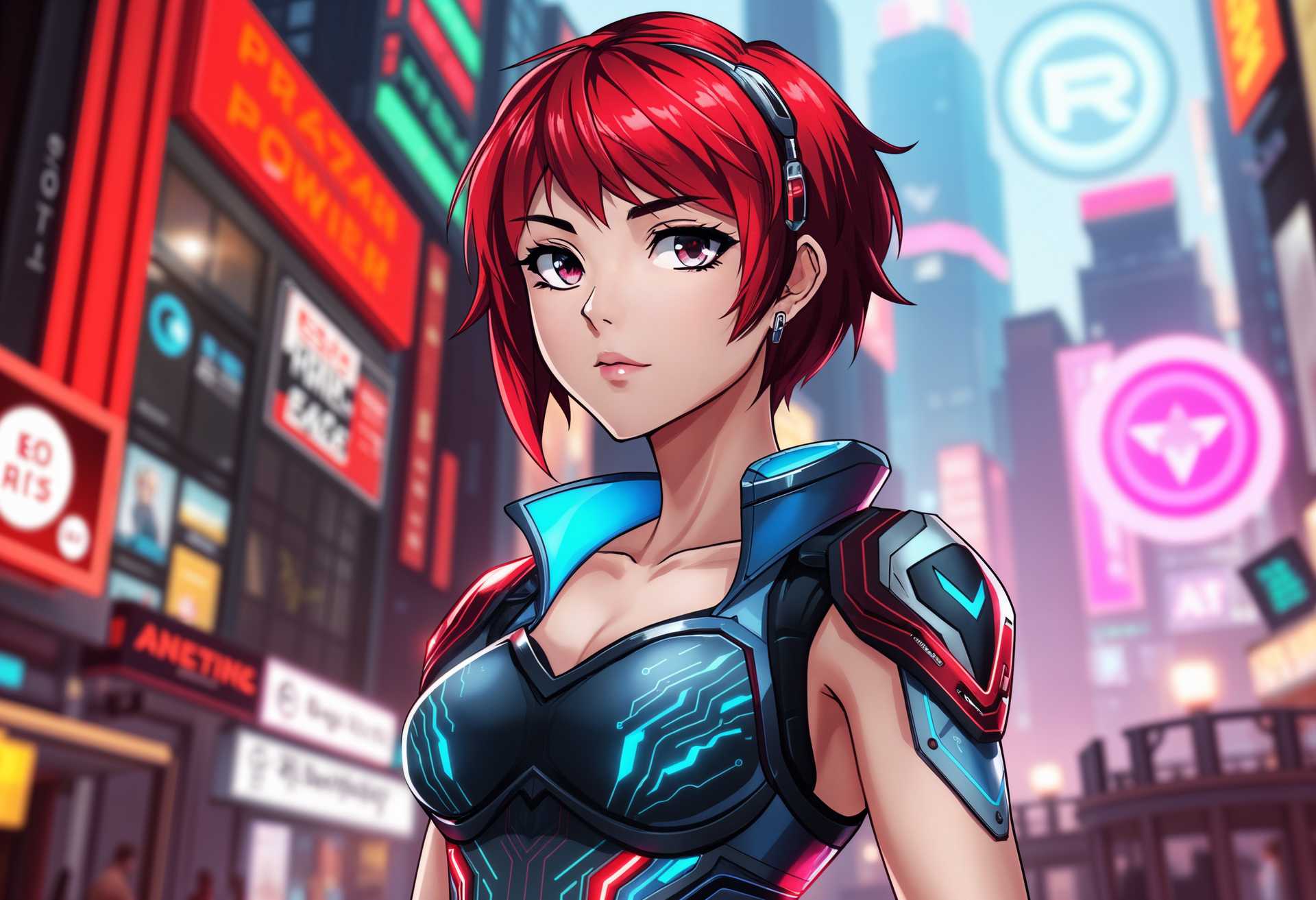 Anime illustration of a female character seamlessly blending the essence of the Greek goddess Artemis and the character Art3mis from Ready Player One, reimagined in a striking cyberpunk style. The character stands with a confident and poised demeanor, embodying both strength and modernity. Her short pixie cut frames her face with vivid red hair, contrasting beautifully against her pale skin.

Her attire is a fusion of ancient Grecian elements and futuristic cyberpunk aesthetics, featuring sleek, metallic accents and glowing circuit patterns. Her eyes are sharp and focused, conveying a sense of determination and wisdom, set in an anime style with exaggerated, expressive features. 

The dynamic lighting casts vibrant neon highlights and intricate shadows across her figure, enhancing the vivid reds and metallic blues in her attire. The background is softly blurred, suggesting a bustling, luminous cyberpunk cityscape with high-tech skyscrapers and floating holograms, immersing her in a world of vibrant energy and perpetual motion. The scene captures the essence of mythical prowess and futuristic innovation, creating an evocative and visually captivating composition.
