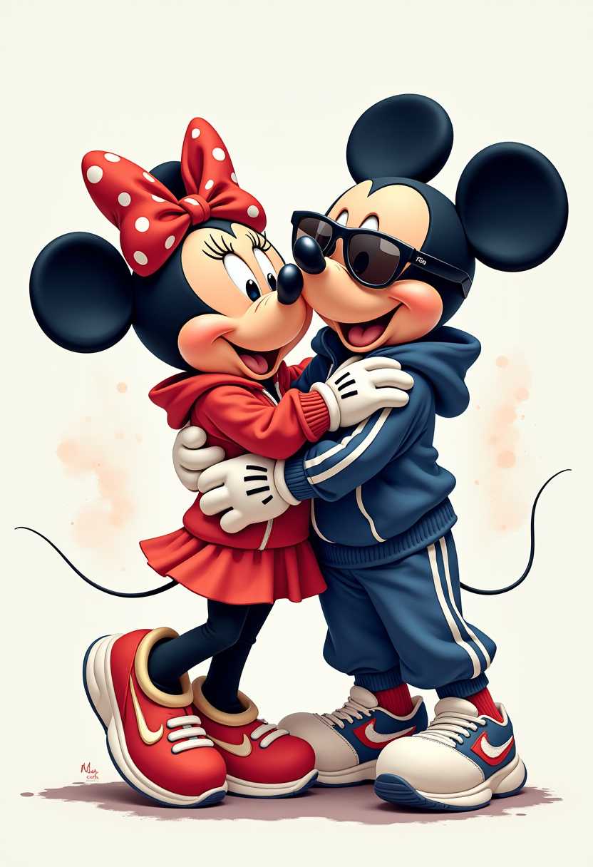 Hyperrealistic full-length illustration of anthropomorphic Minnie and Mickey in tracksuits and big sneakers and sunglasses. Hugs.Watercolor background