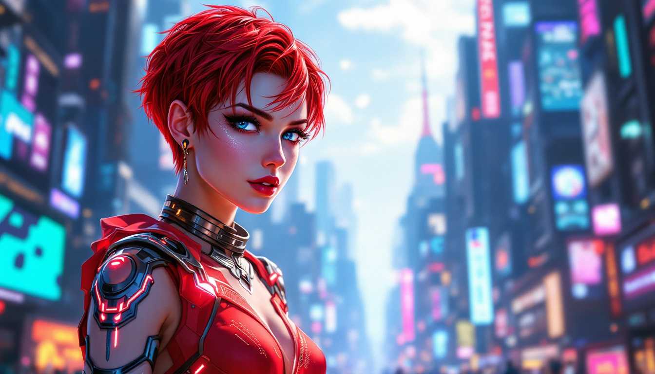 Anime illustration of a female character seamlessly blending the essence of the Greek goddess Artemis and Art3mis from Ready Player One, in a striking cyberpunk style. She stands with a confident, poised demeanor, exuding strength and modernity. Her short pixie cut frames her face with vivid red hair, contrasting beautifully against her pale, glowing skin, which emanates a subtle luminescent aura. Her attire merges ancient Grecian elements with futuristic cyberpunk aesthetics, featuring sleek, metallic accents and glowing circuit patterns. Her sharp, focused eyes reflect determination and wisdom, depicted in anime style with expressive, exaggerated features. Dynamic lighting casts vibrant neon highlights and intricate shadows, accentuating the vivid reds and metallic blues of her outfit. The background is softly blurred, suggesting a bustling cyberpunk cityscape with high-tech skyscrapers, floating holograms, and a subtly integrated Fediverse logo, adding a layer of cultural reference. This scene immerses her in a world of vibrant energy and perpetual motion, capturing mythical prowess and futuristic innovation in a visually captivating composition.