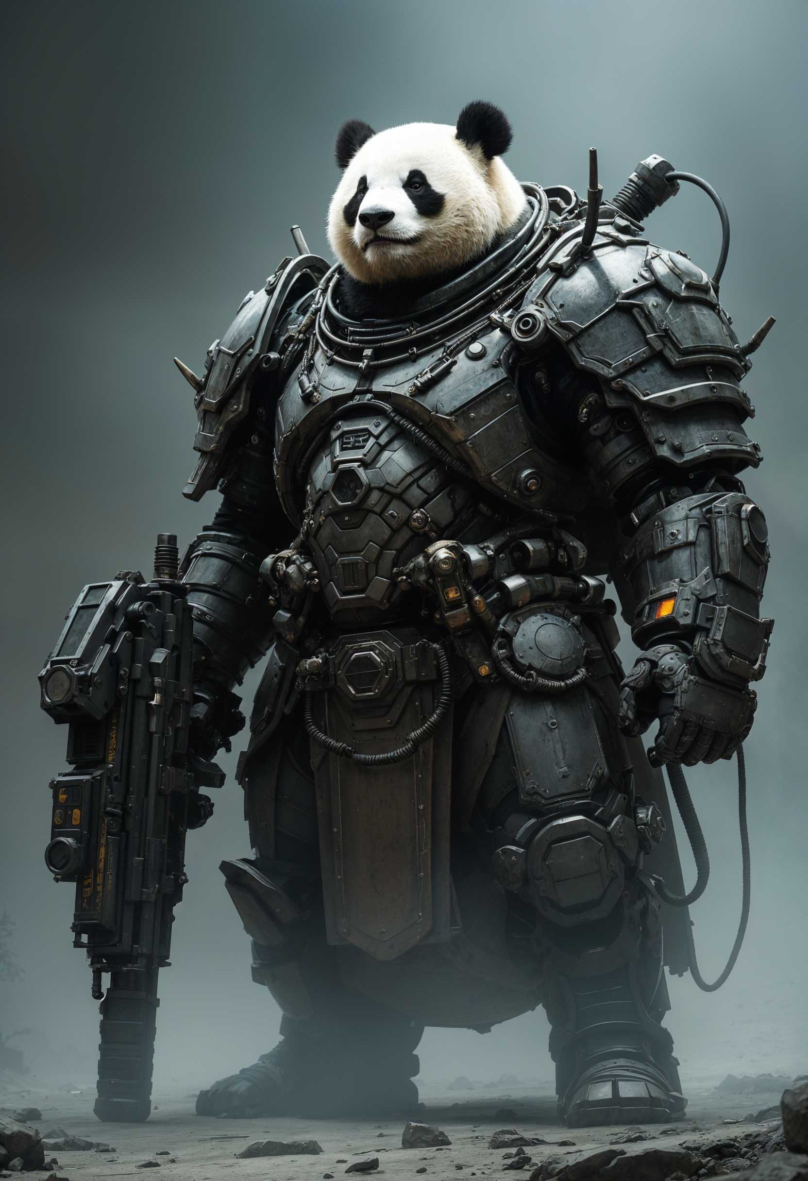 AI-generated image: A panda wears heavy armor, its body covered with multiple layers of metal plates and complex mechani