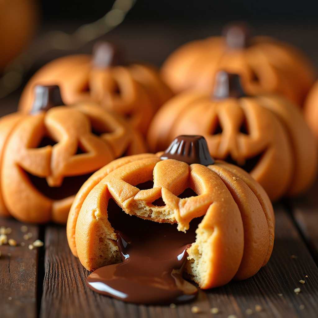 Delicious homemade pumpkin-shaped cookies, freshly baked and carved with scary faces, with gooey melted chocolate oozing out, mouthwatering close-up shot, warm lighting, rustic