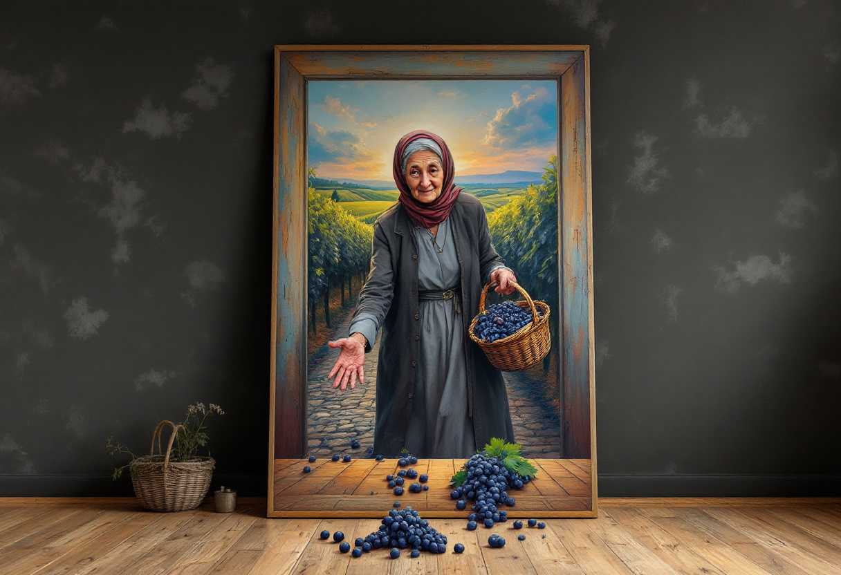Create a big painting, colored chalk, colored pencil, ink and pen, wet chalk, against a dramatic wall on the floor, with a wooden frame, depicting an old lady with detailed wrinkles on her face in a grey dress and headscarf standing in the center of the painting, within the frame. Below her, there is a cobblestone path slightly out of the frame, and she's reaching out of the frame towards realistically depicted spilled grapes on a wooden floor, with a basket full of grapes tilted in her arm. The painting on the wall depicts a colorful vineyard scene with a serene ambiance.