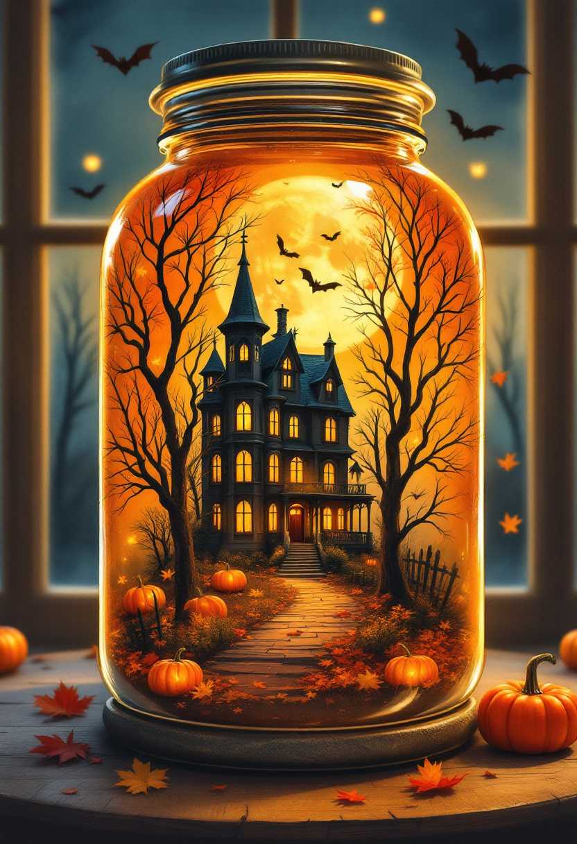 Create an image with the color palette consisting of oranges, yellows, blacks, and browns. The image should include a large glass jar that encapsulates a detailed scene. Within the jar, depict a multi-story haunted house with lit windows and a spooky ambiance. Surrounding the house are bare trees, flying bats, and fallen leaves to convey an autumnal Halloween theme. In the background, outside of the jar but within view through French windows, illustrate a night-time scene featuring a full moon and silhouetted flying bats. Include pumpkins near the base of the jar to complete this Halloween-themed still life. Watercolor painting features vibrant colors visible pixels adding to hyperrealism, deep shadows creating enhanced depth, textures with lots of detail, captured in a 64K UltraHD digital painting popular on ArtStation, with dramatic lighting