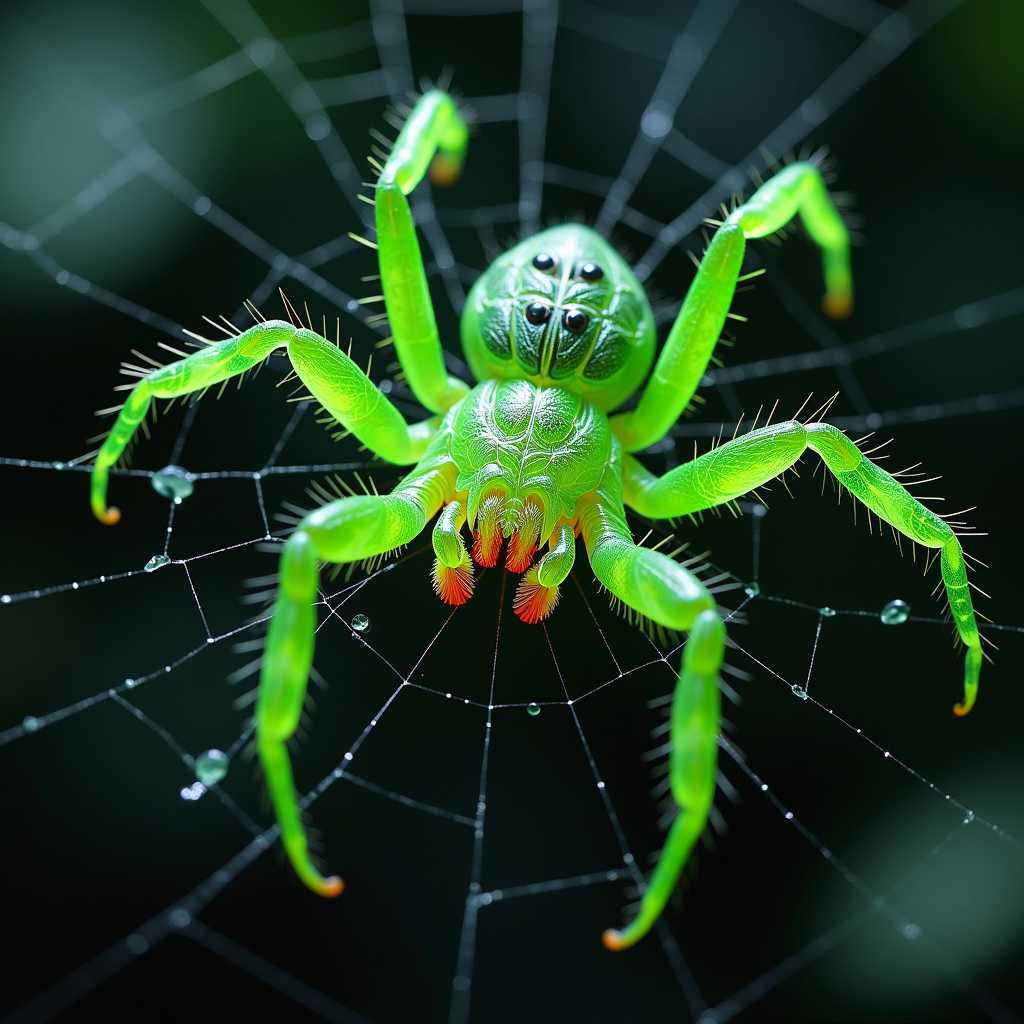 glowing lime green, black and hairy spider, a water drew cover web to the side 3d  glowing red , black and hairy spider, a water drew cover web to the side 3d
