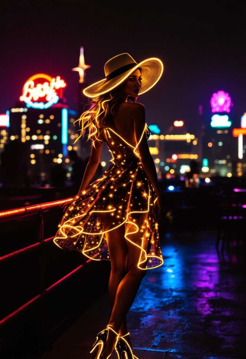 **Neon Glow**: a line of gold creating image of lady in floppy hat dress and heels, A trendy rooftop party with neon signs background