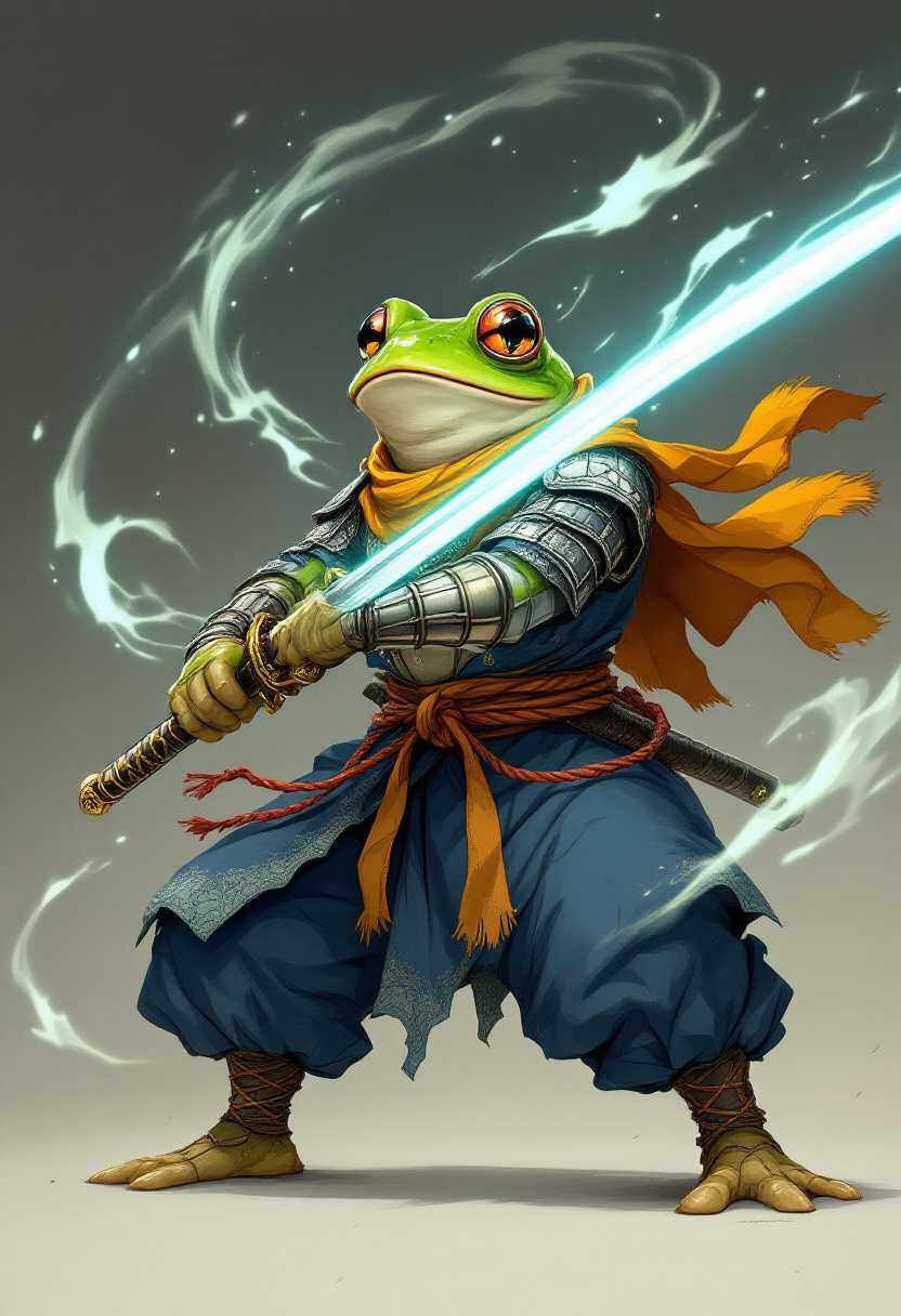 A swordsman frog, wearing armor and wrist guards, blue hakama pants, a red rope belt around his waist, and a yellow-orange scarf. Wielding a glowing katana with a minimalist background surrounded by swirling energy