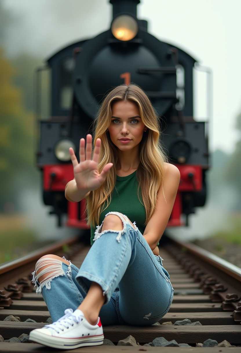 image of full shot of beautiful woman, big green eyes, wearing a green sleeveless top, tattered jeans, in a red striped white sneakers and streaks in her long hair, She is sitting on a rail track in front of an old steaming locomotive engine, her palm in a stop sign to audience, bokeh bg.