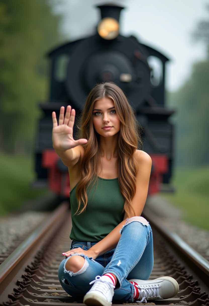 image of full shot of beautiful woman, big green eyes, wearing a green sleeveless top, tattered jeans, in a red striped white sneakers and streaks in her long hair, She is sitting on a rail track in front of an old steaming locomotive engine, her palm in a stop sign to audience, bokeh bg.