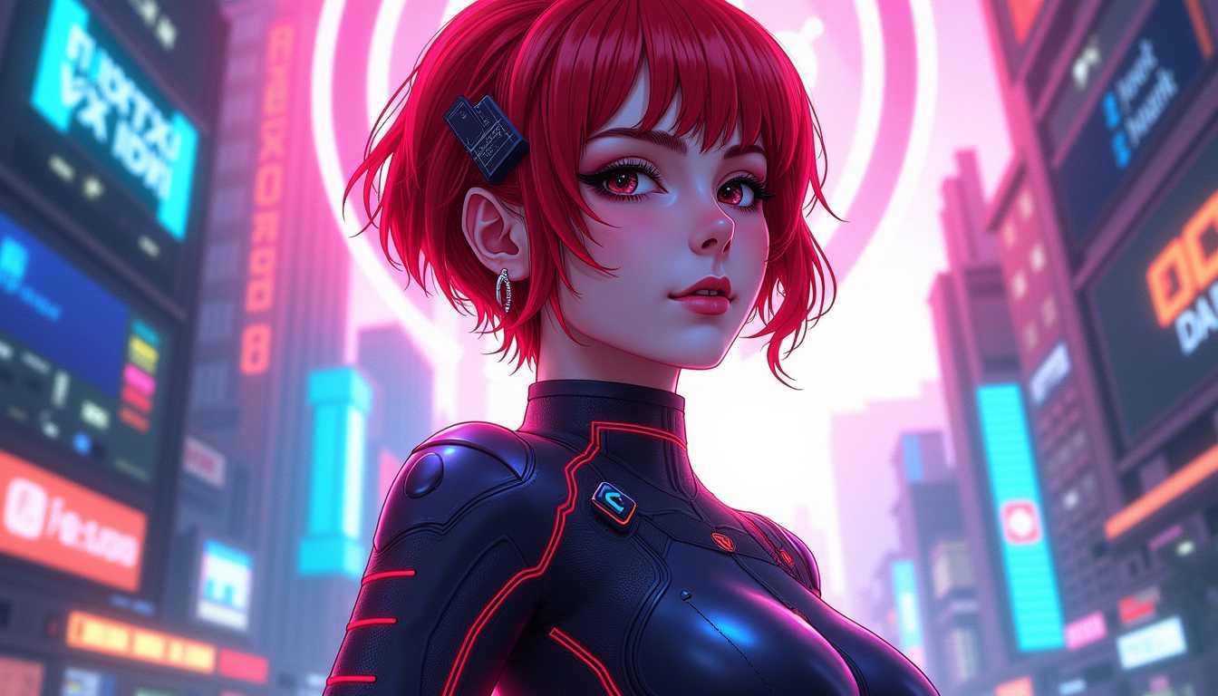 A full-body shot of a woman, an Anime illustration of a female character seamlessly blending the essence of the Greek goddess Artemis and Art3mis from Ready Player One, in a striking cyberpunk style. She stands with a confident, poised demeanour, exuding strength and modernity. Her short pixie cut frames her face with vivid red hair, contrasting beautifully against her pale, glowing skin, which emanates a subtle luminescent aura. Her attire merges ancient Grecian elements with futuristic cyberpunk aesthetics, featuring sleek, metallic accents and glowing circuit patterns. Her sharp, focused eyes reflect determination and wisdom, depicted in anime style with expressive, exaggerated features. Dynamic lighting casts vibrant neon highlights and intricate shadows, accentuating the vivid reds and metallic blues of her outfit. The background is softly blurred, suggesting a bustling cyberpunk cityscape with high-tech skyscrapers, floating holograms, and a prominently integrated PeerTube logo, adding a layer of cultural reference. This scene immerses her in a world of vibrant energy and perpetual motion, capturing mythical prowess and futuristic innovation in a visually captivating composition.