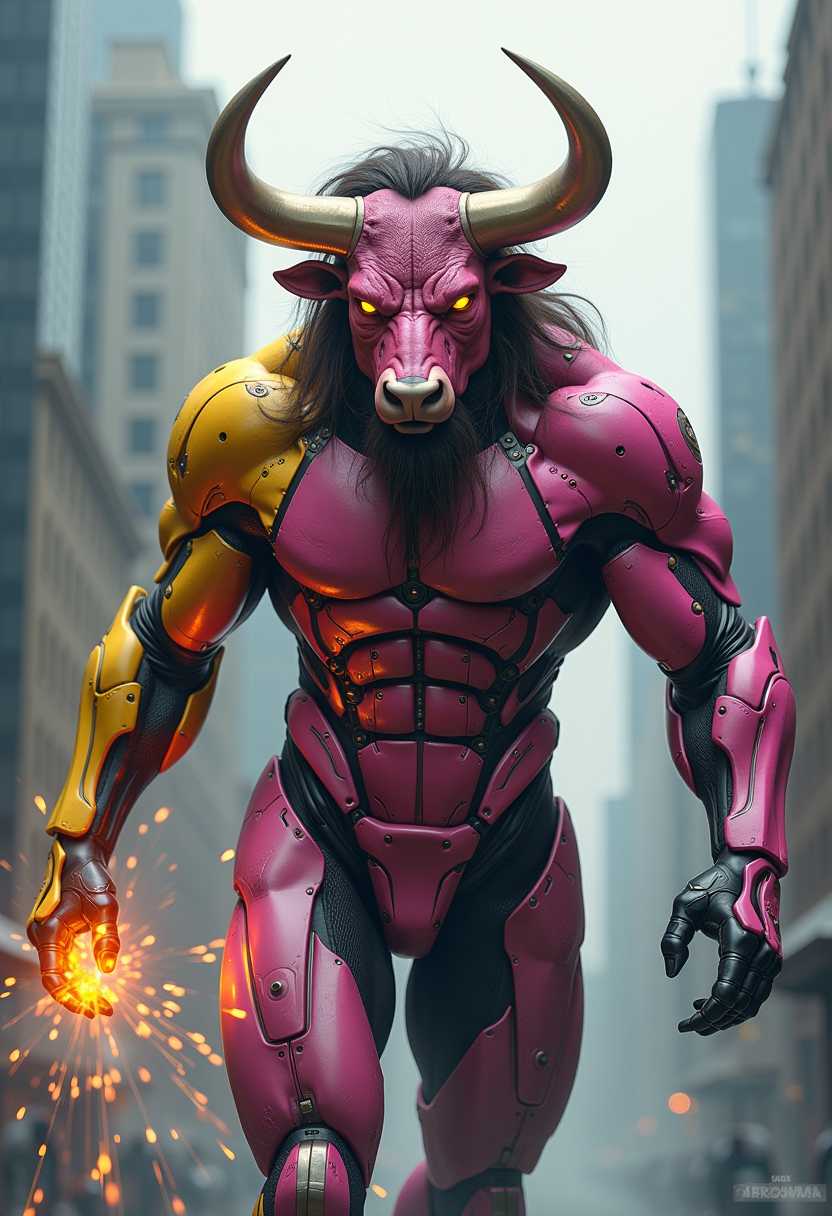 This image is a digital artwork that combines elements of fantasy and science fiction. The subject of the image is a humanoid figure with the head of a bull, which is a common mythical creature known as a Minotaur. The Minotaur is depicted with a muscular, humanoid body covered in a metallic, mechanical suit with a gradient of pink and yellow hues, giving it a robotic appearance. The suit is detailed with intricate lines and patterns, suggesting a high level of technology or advanced armor.The Minotaurs head is that of a bull with prominent horns curving upwards, and its eyes are a striking yellow, which adds to the creatures fierce and determined expression. The hair on the Minotaurs head is a blend of human hair and what appears to be mechanical strands, giving it a unique and otherworldly look.The Minotaur is in a dynamic pose, with one arm extended horizontally and the other bent at the elbow, as if it is in the midst of an action sequence. Sparks are flying from the fingertips of the extended arm, adding to the sense of movement and power.The background of the image is a blurred cityscape, with skyscrapers and what appears to be a waterfall or mist, creating a sense of depth and motion. The colors in the background are muted, with grays and blues, which contrast with the bright colors of the Minotaurs suit.The art style of the image is highly detailed and realistic, with a focus on textures and lighting that give the image a threedimensional quality. The medium appears to be a digital painting or illustration, given the smooth gradients and seamless blending of colors.Overall, the image is a striking and imaginative piece that combines elements of myth and technology, creating a powerful and dynamic visual statement.