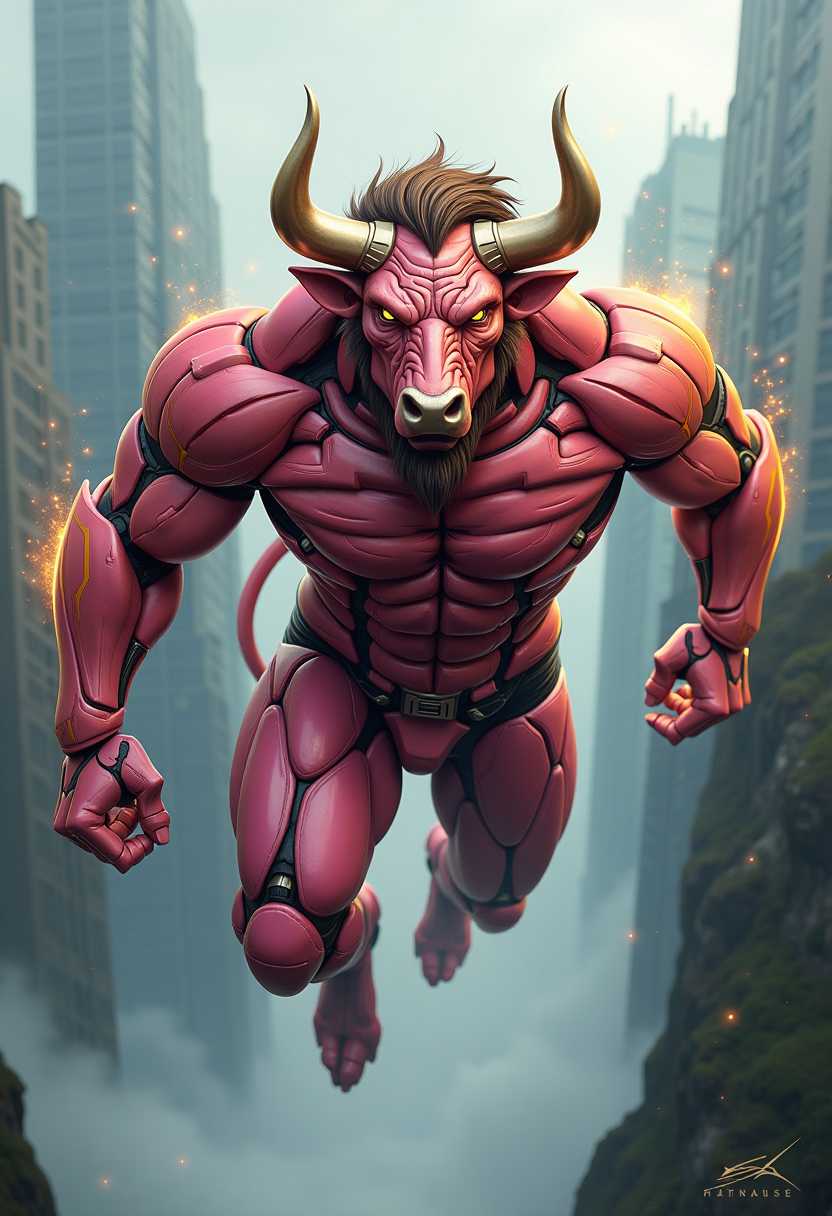 This image is a digital artwork that combines elements of fantasy and science fiction. The subject of the image is a humanoid figure with the head of a bull, which is a common mythical creature known as a Minotaur. The Minotaur is depicted with a muscular, humanoid body covered in a metallic, mechanical suit with a gradient of pink and yellow hues, giving it a robotic appearance. He is flying towards the camera. The suit is detailed with intricate lines and patterns, suggesting a high level of technology or advanced armor.The Minotaurs head is that of a bull with prominent horns curving upwards, and its eyes are a striking yellow, which adds to the creatures fierce and determined expression. The hair on the Minotaurs head is a blend of human hair and what appears to be mechanical strands, giving it a unique and otherworldly look.The Minotaur is in a dynamic pose, with one arm extended horizontally and the other bent at the elbow, as if it is in the midst of an action sequence. Sparks are flying from the fingertips of the extended arm, adding to the sense of movement and power.The background of the image is a blurred cityscape, with skyscrapers and what appears to be a waterfall or mist, creating a sense of depth and motion. The colors in the background are muted, with grays and blues, which contrast with the bright colors of the Minotaurs suit.The art style of the image is highly detailed and realistic, with a focus on textures and lighting that give the image a threedimensional quality. The medium appears to be a digital painting or illustration, given the smooth gradients and seamless blending of colors.Overall, the image is a striking and imaginative piece that combines elements of myth and technology, creating a powerful and dynamic visual statement.