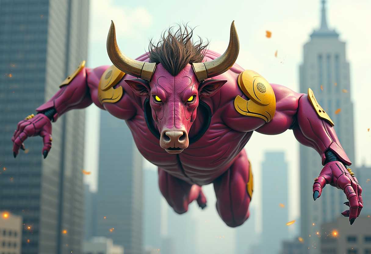 This image is a digital artwork that combines elements of fantasy and science fiction. The subject of the image is a humanoid figure with the head of a bull, which is a common mythical creature known as a Minotaur. The Minotaur is depicted with a muscular, humanoid body covered in a metallic, mechanical suit with a gradient of pink and yellow hues, giving it a robotic appearance. He is flying towards the camera. The suit is detailed with intricate lines and patterns, suggesting a high level of technology or advanced armor.The Minotaurs head is that of a bull with prominent horns curving upwards, and its eyes are a striking yellow, which adds to the creatures fierce and determined expression. The hair on the Minotaurs head is a blend of human hair and what appears to be mechanical strands, giving it a unique and otherworldly look.The Minotaur is in a dynamic pose, with one arm extended horizontally and the other bent at the elbow, as if it is in the midst of an action sequence. Sparks are flying from the fingertips of the extended arm, adding to the sense of movement and power.The background of the image is a blurred cityscape, with skyscrapers and what appears to be a waterfall or mist, creating a sense of depth and motion. The colors in the background are muted, with grays and blues, which contrast with the bright colors of the Minotaurs suit.The art style of the image is highly detailed and realistic, with a focus on textures and lighting that give the image a threedimensional quality. The medium appears to be a digital painting or illustration, given the smooth gradients and seamless blending of colors.Overall, the image is a striking and imaginative piece that combines elements of myth and technology, creating a powerful and dynamic visual statement.