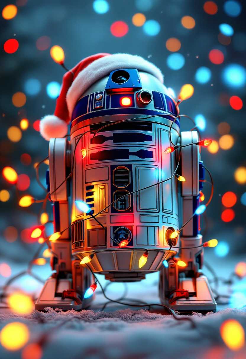 3d digital image playfully reimagines the iconic R2D2 droid from Star Wars in a festive, holiday style. The droid wears a Santa hat and is entangled in lots of colorful Christmas lights, blending red, blue, and white holiday tones. With bold outlines and vibrant colors, it brings a whimsical, pop-culture vibe perfect for fans of both Star Wars and Christmas. The scene radiates fun, festive cheer. style pixar