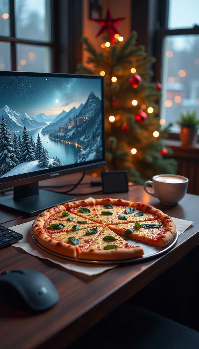 Pizza on a Desk in a Christmasthemed Office