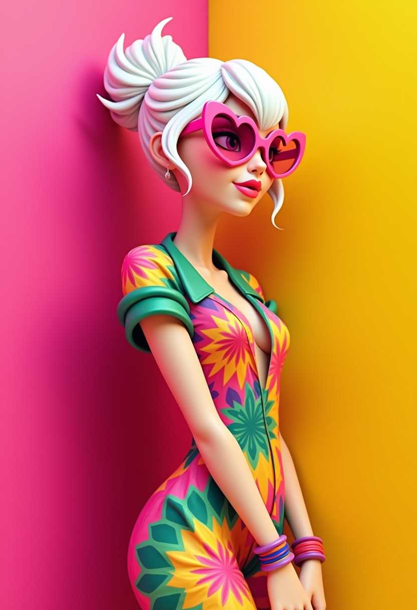 Stylish Female 3D Character in Colorful Outfit and Pink HeartShaped Sunglasses