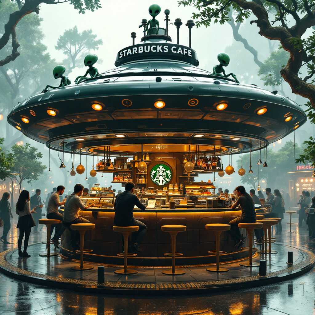 A flying saucer-shaped Starbucks cafe attracted the attention of aliens. The cafe has (content description). Open the side to form a bar, showing all kinds of coffee and desserts. There are high stools next to the bar, and customers are enjoying coffee. The whole scene is full of vitality, adding a sense of futurism and fun