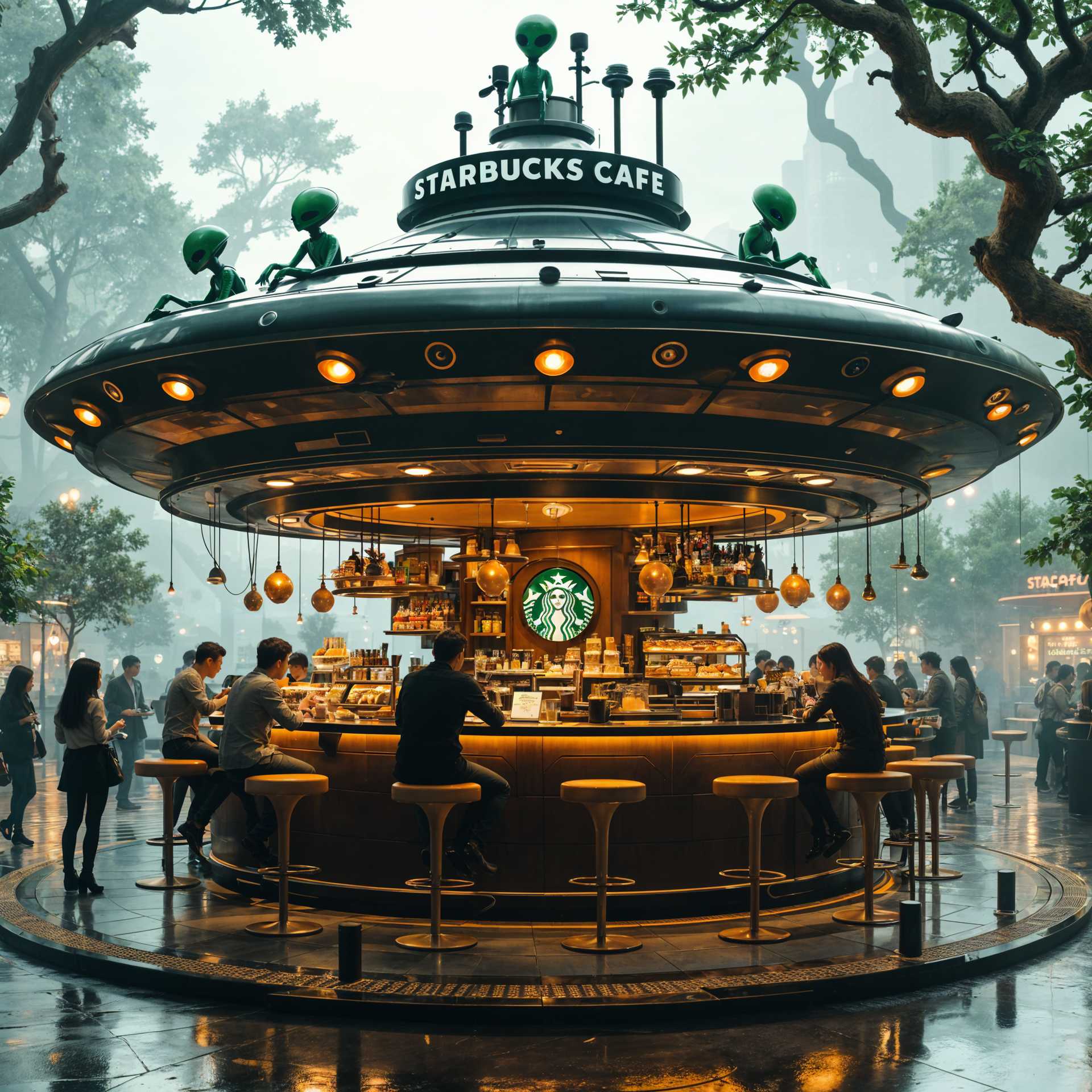 AI-generated image: A flying saucer-shaped Starbucks cafe attracted the attention of aliens. The cafe has (content descr
