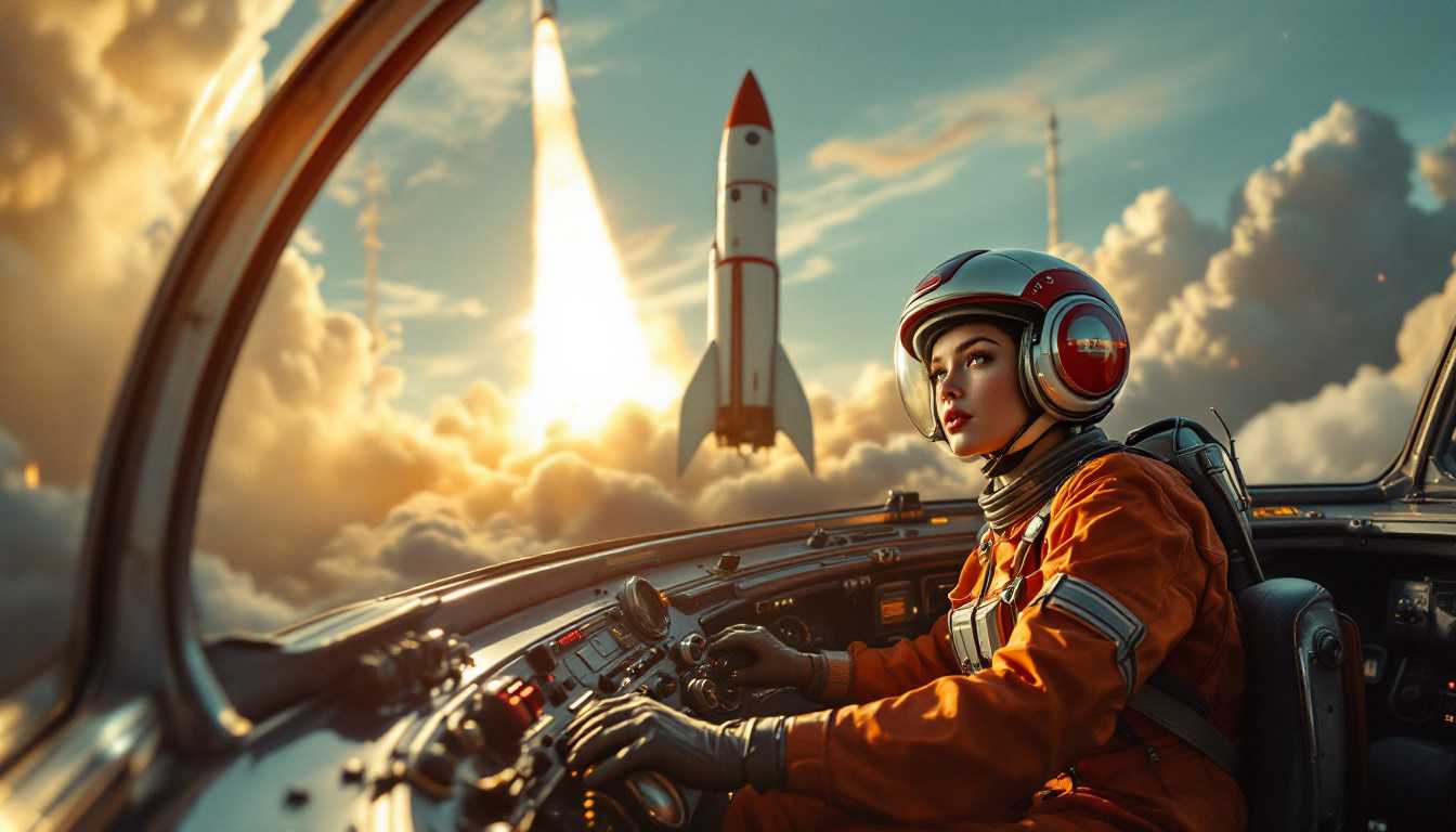 cinematic hyper-realistic- photografic, dynamic movements, wide shot, dramatic, Super Panavision, 1959s, rocket takeoff, atompunk space odyssey: Supersonic Sally grips the chrome control levers as her rocket, Stardust II, begins its roaring ascent. From her expansive windows, the entire launch pad falls away, shrinking into a vibrant tapestry of bustling crew, flashing neon, and waving spectators. Through the reinforced glass, she watches the ground blur below, her vantage point widening as she breaks through the clouds into the limitless sky.

Inside the cockpit, Sally is bathed in a cascade of vibrant colors—blues and greens from the Earth below, the sun casting brilliant, golden beams that reflect off the chrome instruments around her. Indicators and gauges pulse in rhythm with the rocket’s vibrations, casting a soft, ambient glow within the cabin. She focuses forward, a gleam of determination visible behind her helmet visor, watching as space opens up ahead, vast and star-speckled.

Beyond her wide windows, stars become more distinct against the inky backdrop of space, and the Earth curves gracefully in the distance. Each moment captures the pioneering spirit of the atompunk era as Sally ascends, her rocket leaving a gleaming contrail, marking her daring journey beyond.
