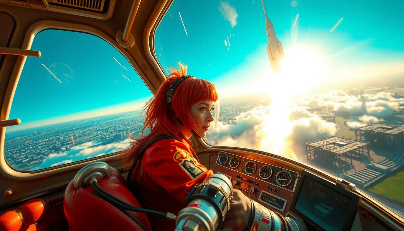 teslapunkai, cinematic hyper-realistic- photografic, dynamic movements, wide shot, dramatic, Super Panavision, 1959s, rocket takeoff, atompunk space odyssey: Supersonic Sally red vibrant wild  hair grips  the chrome control levers as her rocket, Stardust II, begins its roaring ascent. From her expansive windows, the entire launch pad falls away, shrinking into a vibrant tapestry of bustling crew, flashing neon, and waving spectators. Through the reinforced glass, she watches the ground blur below, her vantage point widening as she breaks through the clouds into the limitless sky.

Inside the cockpit, Sally is bathed in a cascade of vibrant colors—blues and greens from the Earth below, the sun casting brilliant, golden beams that reflect off the chrome instruments around her. Indicators and gauges pulse in rhythm with the rocket’s vibrations, casting a soft, ambient glow within the cabin. She focuses forward, a gleam of determination visible behind her helmet visor, watching as space opens up ahead, vast and star-speckled.

Beyond her wide windows, stars become more distinct against the inky backdrop of space, and the Earth curves gracefully in the distance. Each moment captures the pioneering spirit of the atompunk era as Sally ascends, her rocket leaving a gleaming contrail, marking her daring journey beyond.