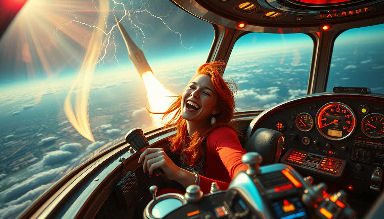 Woman Pilot Smiling in Cockpit with Rocket Launch in Background
