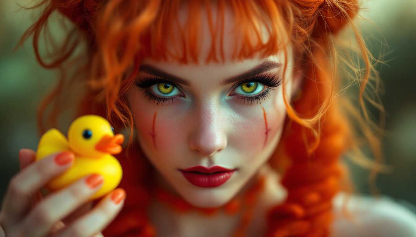 CNSTLL, Portrait, [The Fifth Element], Leeloo with a Commedia dell'arte twist, holding a rubber duck instead of the mystical stones, 20 years old,  intense yet playful gaze, hyper-detailed, Canon EF 85mm f/1.4 lens, ISO 400, f/3.2, 1/160s, imax
