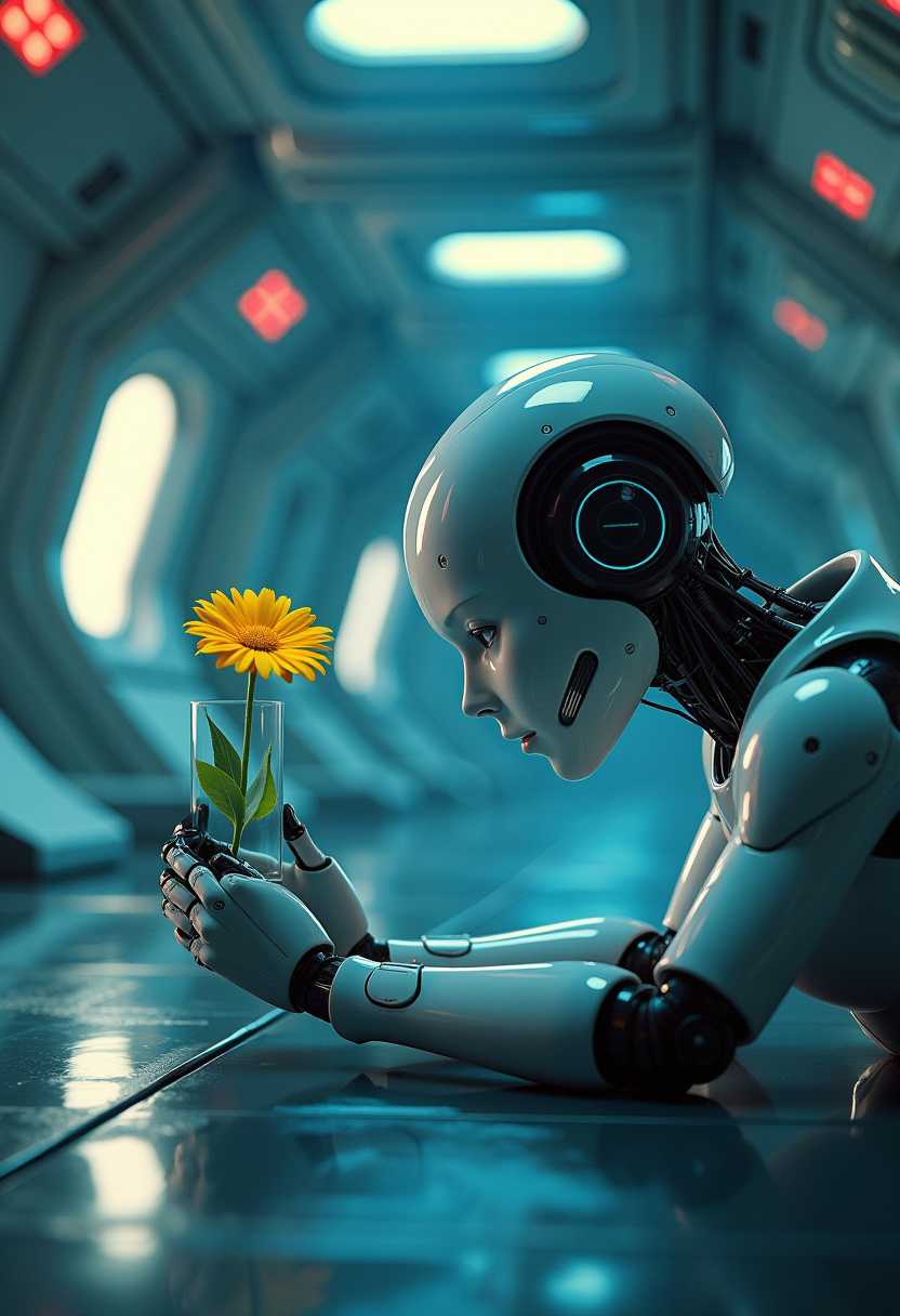 Cinematic 3D matte painting with a futuristic vibe: Inside a dimly lit space station cabin, bathed in neon lights, a white android robot lies on the floor. The robot intensely observes a yellow flower in a small glass tube. Focus is on the flower and the robot’s face, highlighting their interaction.
