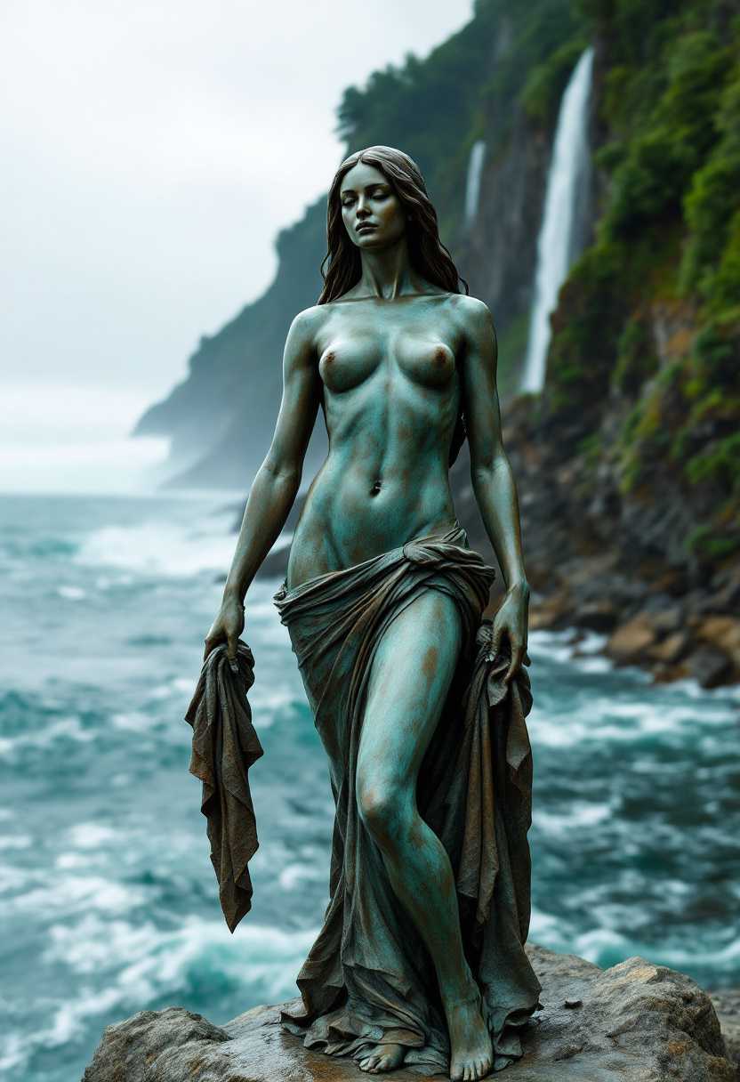 This image features a bronze statue of a nude female figure standing on a rocky outcrop by the sea. The statue is weathered and shows signs of verdigris, indicating it has been exposed to the elements for some time. The figure is depicted in a realistic style, with a focus on the human form and the textures of the skin and clothing.The statue is holding a cloth or garment in one hand, and its posture is relaxed yet dignified. The figures hair flows freely down her back, and her facial expression is serene. The statues left arm is bent at the elbow, and the hand is gently resting on the hip.The statue is set against a dramatic backdrop of a steep cliff with lush greenery, and waterfalls cascading down its face. The sea is rough and tumultuous, with waves crashing against the rocks. The sky is overcast, and the atmosphere is moody and somewhat foreboding.The colors in the image are muted, with the bronze of the statue providing a warm contrast to the cool blues of the sea and sky. The green of the vegetation on the cliff adds a touch of life to the otherwise somber palette.In the foreground, there are more rocks and pieces of driftwood, which contribute to the rugged and untamed feel of the scene. The statue is the focal point of the image, drawing the viewers attention to its presence amidst the natural beauty of the landscape.