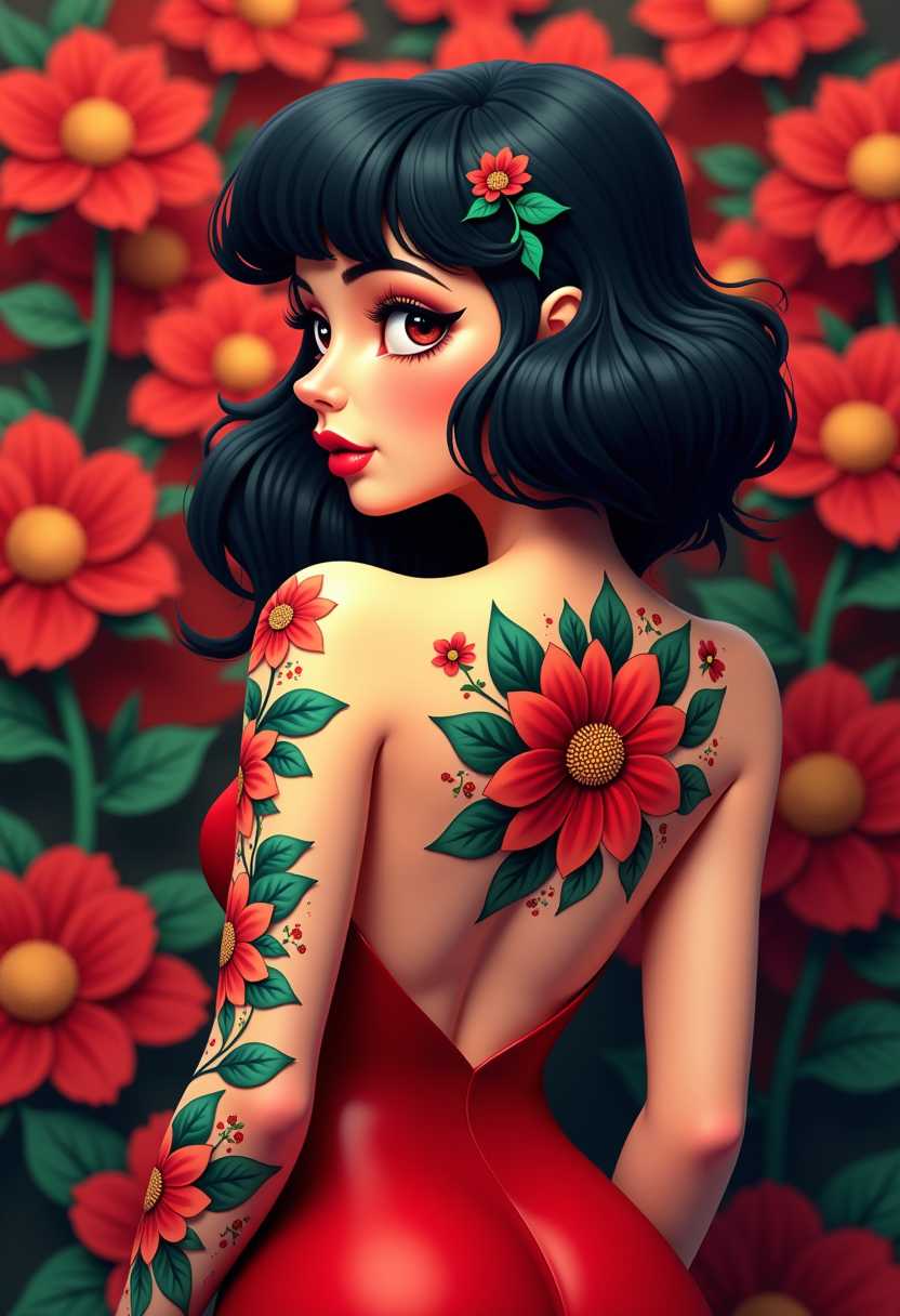 This image is a 3D rendered scene that captures a stylized female figure in a vibrant and dramatic setting. The art style is reminiscent of a pinup or burlesque aesthetic, with a focus on exaggerated curves and a playful, seductive pose. 3d cartoon girl, large eyes. This is a digital illustration that captures the profile of a person with a tattooed back and arm. The colors are bright and bold, with a strong contrast between the deep reds of the tattoos and the skin tones, and the dark blacks of the hair and outlines. The reds are a deep maroon, almost burgundy, with a slight sheen that gives the flowers a lifelike quality. The skin tones are a warm, peachy color, with subtle blushes on the cheeks and lips, and the hair is a deep, rich black.The tattoos are intricate and detailed, with a floral motif that includes large, bold flowers with prominent centers, surrounded by smaller blossoms and green foliage. The flowers are stylized, with exaggerated petals and a sense of depth that gives the tattoos a threedimensional effect. The outlines of the tattoos are thick and black, with a slight shading that adds to the realism.The person is wearing a red garment that fades into a lighter shade at the hem, which complements the tattoos and adds to the overall aesthetic of the image.