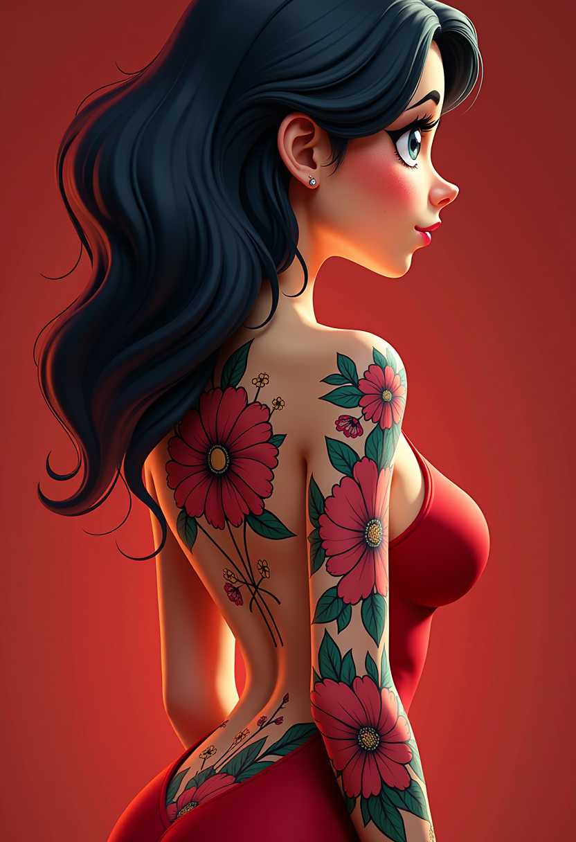 Stylish Anime Girl with Flower Tattoos on Red Background