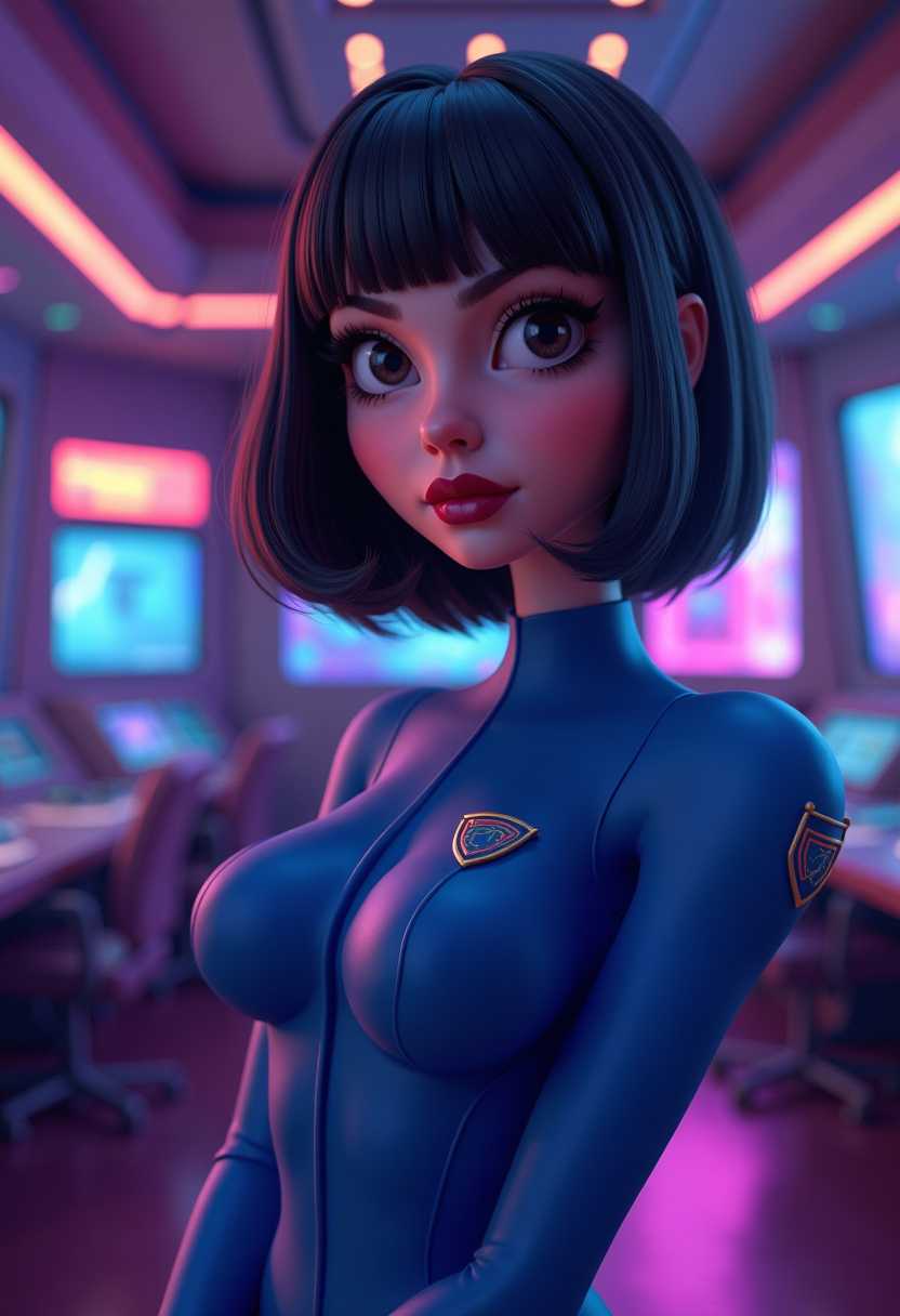 This image is a 3D rendered scene that captures a stylized female figure in a vibrant and dramatic setting. The art style is reminiscent of a pinup or burlesque aesthetic, with a focus on exaggerated curves and a playful, seductive pose. 3d cartoon girl, large eyes. In the foreground, we see the star ship captain, wearing a tight fitting blue uniform with her hair styled in a shoulder length dark cut with bangs. Her makeup is quite pronounced, with dark eyeliner and mascara, and her lips are painted a deep shade of red or maroon. Dramatic lighting.This image depicts a futuristic setting, likely from a science fiction narrative, with a focus on a control room or command center. The art style is digital, with a cinematic quality that suggests it could be a still from a television show or movie. The medium appears to be a highresolution digital image, possibly created for a promotional purpose or as concept art.Colors in the image are rich and varied, with a predominance of purples and blues that give the scene a cool, technological ambiance. 