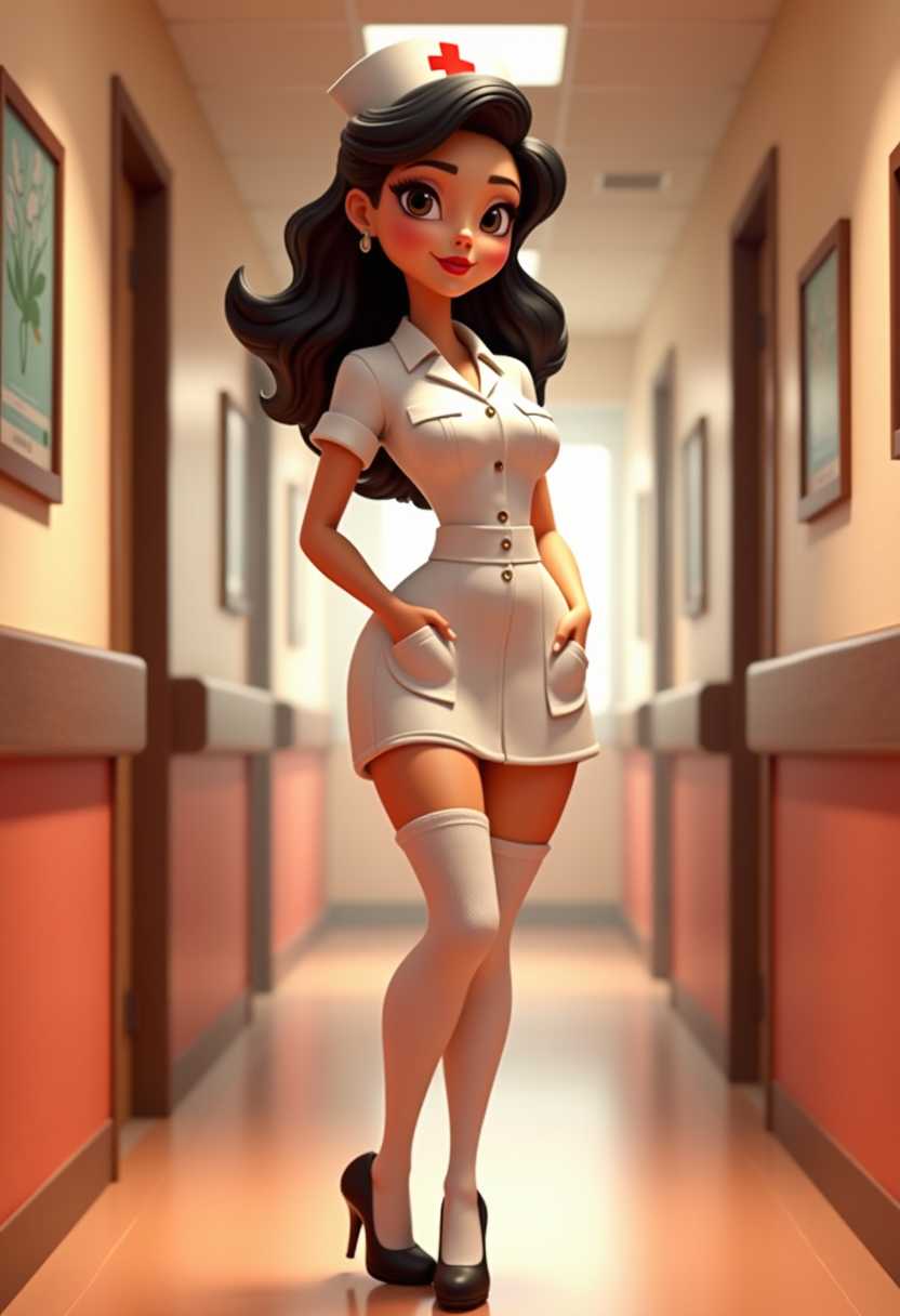 This image is a 3D rendered scene that captures a stylized female figure in a vibrant and dramatic setting. The art style is reminiscent of a pinup or burlesque aesthetic, with a focus on exaggerated curves and a playful, seductive pose. 3d cartoon girl, large eyes. This image is a stylized cartoon illustration of a female nurse. The nurse is depicted with a confident and flirtatious demeanor. Hands in pockets. She is wearing a traditional white nurses uniform with a shortsleeved blouse and a skirt that falls just above her knees. The uniform is detailed with buttons down the front and a red cross emblem on the left breast pocket. She is also wearing a nurses cap with the same red cross emblem.The nurse is wearing thighhigh stockings that are white with a subtle sheen, and black highheeled shoes. Her stockings are pulled up to midthigh, revealing her bare legs. The stockings are detailed with a pattern of small dots, which is a common design for stockings.The background of the image is a warm terracotta color, which complements the white of the nurses uniform and the black of her shoes and stockings. Background is a blurred hospital ward.