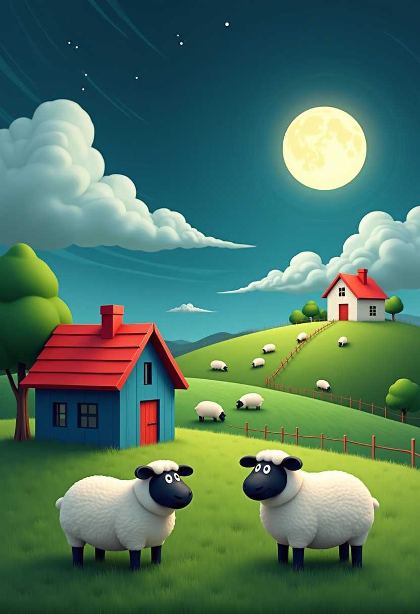 This 3D rendered image features bold outlines and exaggerated shapes. The sky is a deep, dark blue, swirling with clouds that are white and fluffy, giving a sense of movement. Above the clouds, a full moon bathes the scene in a soft, pale light, creating a serene atmosphere. The horizon is gently sloping, with a hill that recedes into the night.On the left side of the image, there is a small, onestory house with a red roof and a blue facade. It has a chimney and a few windows, and a tree beside it adds a touch of greenery. In the foreground, there are two sheep prominently featured, standing on a grassy knoll. They have white woolly coats and black faces, and their eyes are wide and alert. Behind them, there are rolling hills covered in lush green grass, and a few more sheep grazing on the hills.In the middle distance, there is a larger house with a white facade and a red roof, with multiple chimneys and windows. It is perched on a higher ground, overlooking the smaller house and the grazing sheep. A fence runs along the hillside, separating the property of the houses from the open fields.The colors in the image are soft and muted, with a predominance of greens, blues, and earth tones. The sheep are a bright white, which stands out against the darker background. The red roofs add a pop of color, and the full moon casts a pale glow over the entire scene.