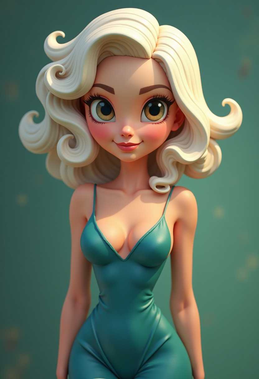 This image is a 3D rendered scene that captures a stylized female figure in a vibrant and dramatic setting. The art style is reminiscent of a pinup or burlesque aesthetic, with a focus on exaggerated curves and a playful, seductive pose. 3d cartoon girl, large eyes.  Stylized female figure with a prominent, curly white hairstyle. The hair should have a voluminous and dynamic quality, with a gradient of light blonde to white tones that give it a luminous appearance. The figures skin should be depicted with a realistic touch, highlighting the contours of her face and neck with soft blush tones and subtle shadows. The subject is wearing a sleeveless, teal blue dress with a deep neckline and delicate straps. The dress should be rendered with a sense of movement, as if caught in a gentle breeze, with folds and creases that add texture and dimension. The fabric should reflect light and shadow, giving it a lifelike quality.The background should be a muted, teal color that fades into a softer tone at the edges, creating a sense of depth and focusing the viewers attention on the figure. The overall style of the painting should be semirealistic with a touch of fantasy, emphasizing the figures beauty and the dramatic interplay of light and shadow.