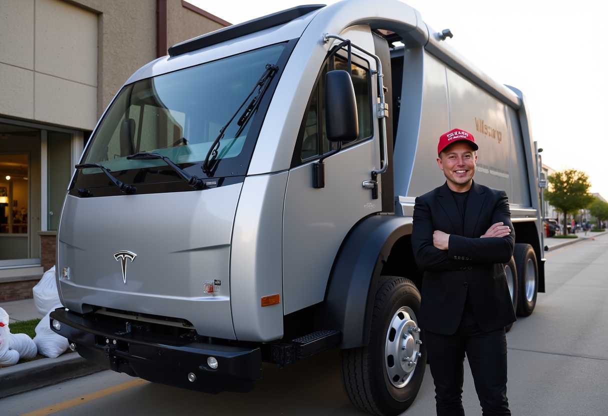 a photo of MUSK, , create an image of a silver futuristic garbage truck with a Tesla Logo on the front. background street with garbage bags. MUSK standing next to the truck, looking at viewer, facing camera, smiling, happy, wearing a red MAGA hat.