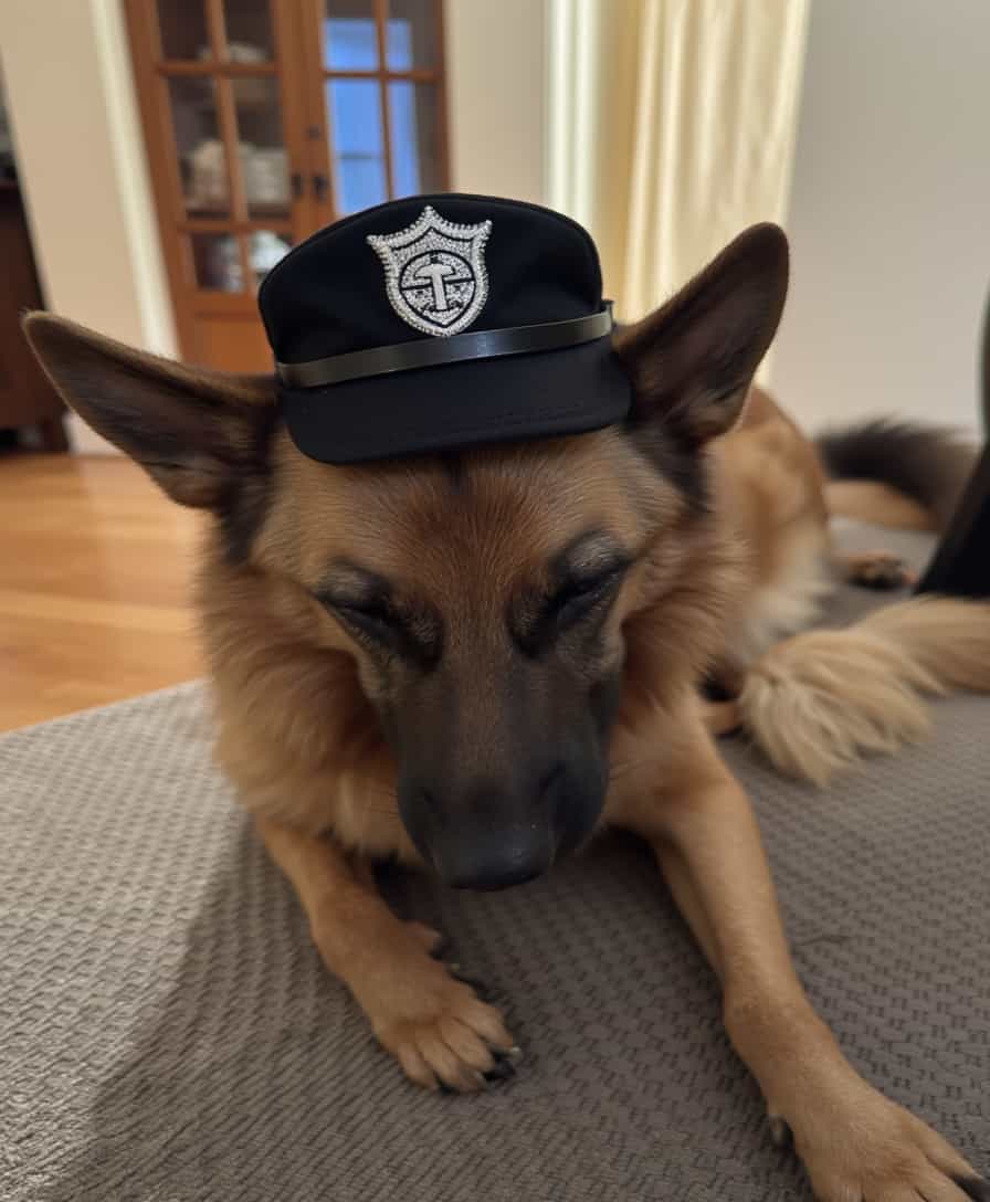 a photo of CIRCESHEPHERD dog, dressed in a police officer costume for Halloween