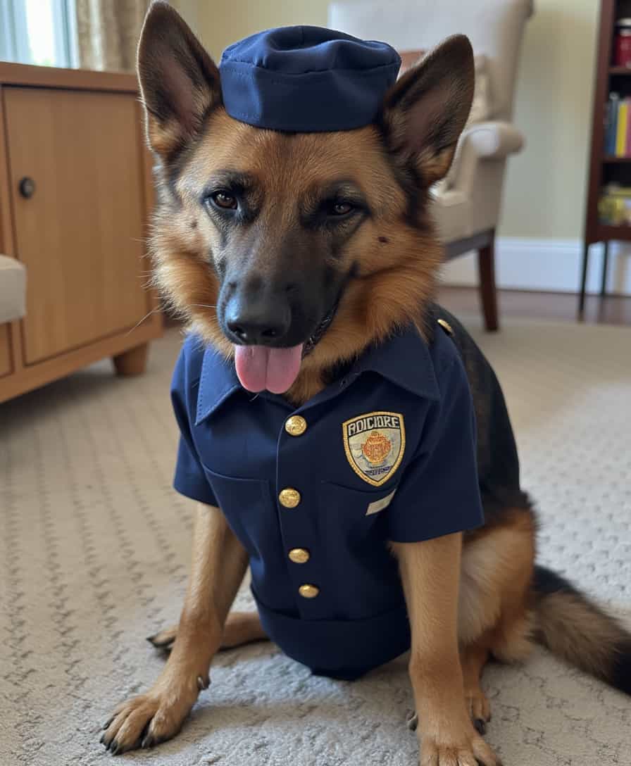 a photo of CIRCESHEPHERD dog, dressed in a police officer costume for Halloween
