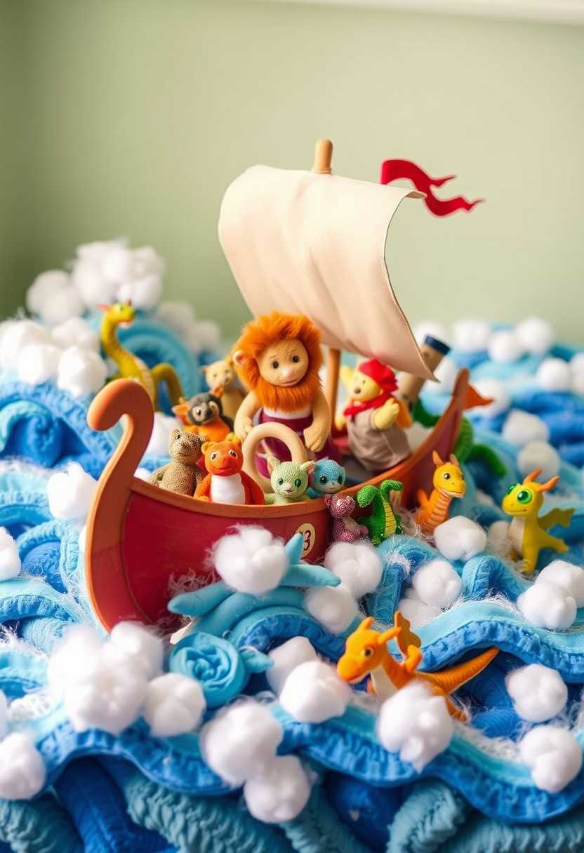 Title: "The Odyssey Diorama - Beanie Babies Adventure"

Craft an imaginative diorama scene portraying Odysseus crossing the perilous Strait of Scylla and Charybdis using an array of Beanie Babies, plush pillows, and wispy cotton fluff. This whimsical yet adventurous scene embraces a bright and playful tone, where the sea is represented by azure and teal pillows interspersed with waves of billowing cotton fluff to mimic turbulent waters. 

In the foreground, Odysseus, personified by a valiant lion Beanie Baby, stands at the helm of a makeshift ship crafted from a cushion, displaying a sense of determination and courage. Surrounding him, his loyal crew can be depicted by a diverse assortment of other Beanie Babies, each displaying unique expressions of fear or bravery.

To the left, Scylla is portrayed by an amalgamation of snake and dragon Beanie Babies, their vibrant colors and menacing postures contrasted against the soft and innocent nature of their materials. On the right, the terrifying whirlpool of Charybdis is symbolized by a convergence of whirling white cotton fluff, accentuated with glimmers of gray and silver to suggest foam and turmoil.

Illuminate the scene with warm, ambient lighting from a low