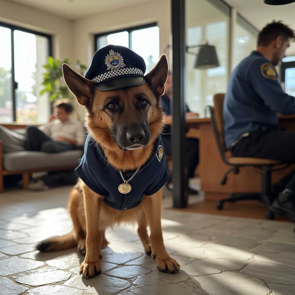A high-resolution, modern documentary-style photograph capturing the charming CIRCESHEPHERD dog adorned in an authentic police costume, standing confidently as the focal point in the bustling environment of a police station. The dog's navy-blue uniform is meticulously detailed, showcasing a shiny badge and neatly tailored elements that fit snugly, with the fabric texture vividly visible. A small police hat sits slightly askew on the dog’s head, adorned with a detailed emblem, adding a playful yet professional touch. Bright, natural light streams through large paneled windows, creating soft shadows and a warm, inviting atmosphere as it dances across the tiled floor. The background is artistically blurred, yet hints at the organized chaos of a busy station with officers and desks cluttered with paperwork, all contributing to an environment of diligence and cooperation. The image captures the essence of cuteness intertwined with professionalism, using a rich palette of colors and textures to bring out every intricate detail and lend depth to the scene.