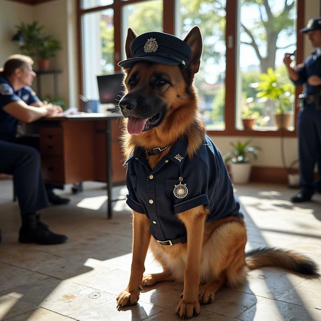 A high-resolution, modern documentary-style photograph capturing the charming CIRCESHEPHERD dog adorned in an authentic police costume, standing confidently as the focal point in the bustling environment of a police station. The dog's navy-blue uniform is meticulously detailed, showcasing a shiny badge and neatly tailored elements that fit snugly, with the fabric texture vividly visible. A small police hat sits slightly askew on the dog’s head, adorned with a detailed emblem, adding a playful yet professional touch. Bright, natural light streams through large paneled windows, creating soft shadows and a warm, inviting atmosphere as it dances across the tiled floor. The background is artistically blurred, yet hints at the organized chaos of a busy station with officers and desks cluttered with paperwork, all contributing to an environment of diligence and cooperation. The image captures the essence of cuteness intertwined with professionalism, using a rich palette of colors and textures to bring out every intricate detail and lend depth to the scene.
