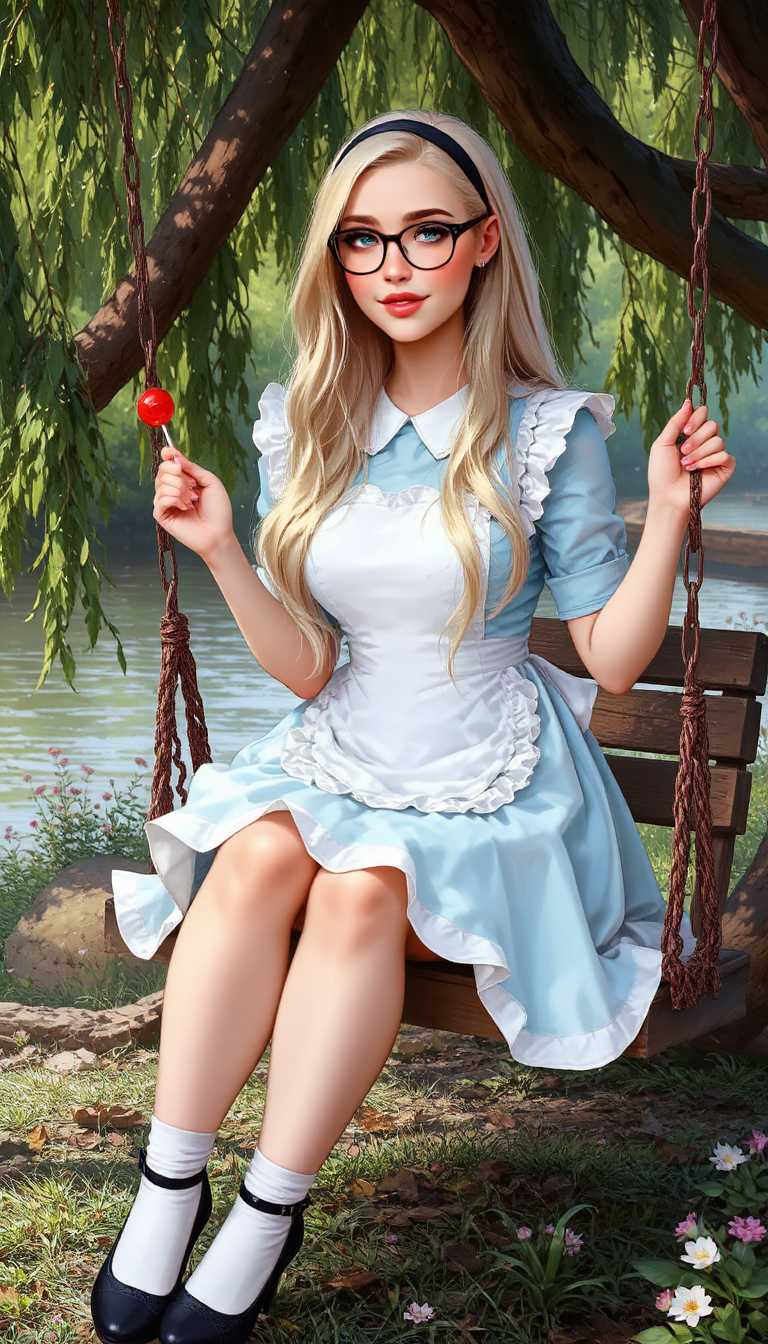 Blonde Alice in Wonderland Dress, Sitting on Swing, Holding Lollipop