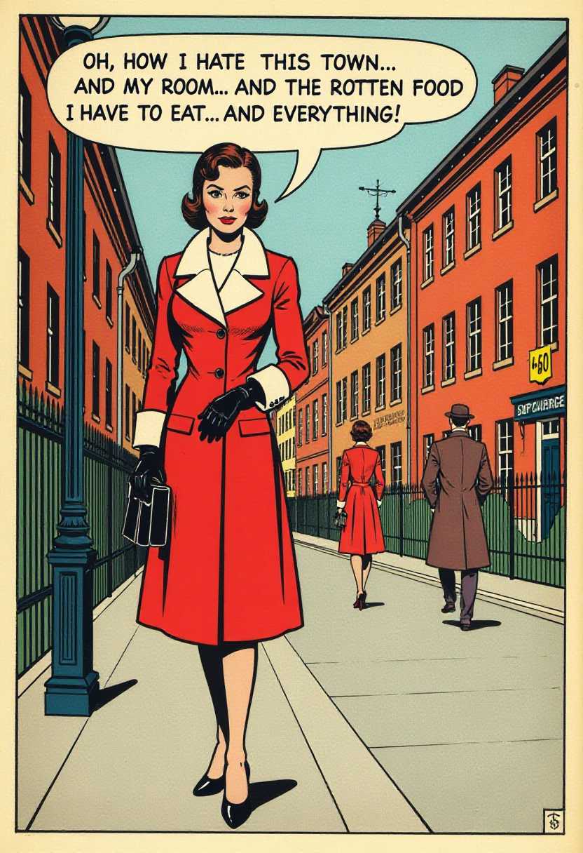 Vintage Illustration Woman in Red Dress Walking on City Street