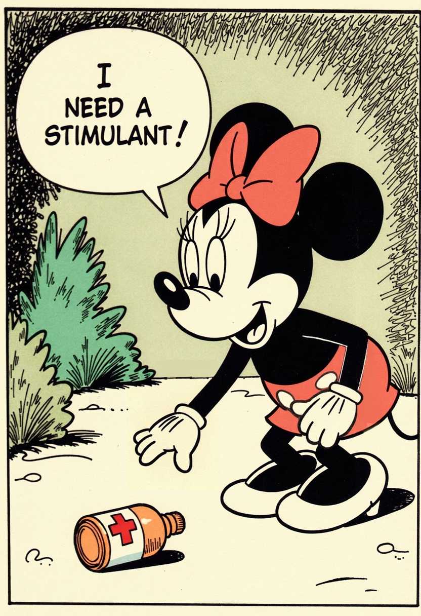 This image is a vintage comic strip panel, featuring a black and white illustration. The art style is reminiscent of the classic cartoons from the early to mid20th century, with exaggerated facial expressions and a dynamic composition that conveys movement and tension.The medium appears to be ink on paper, with a textured, almost grainy quality that gives the image a nostalgic feel. The colors are limited to black, white, and shades of red, which are used to create a stark contrast and emphasize the dramatic effect of the scene.In the foreground, there is minnie mouse with a startled expression, wide eyes, and her mouth agape. she has her hand extended as if reaching for something. She is looking at a small, round object on the ground, which appears to be a pill bottle with a red label. The bottle has a stopper, and the label has a white cross on a red background, which is a common symbol for medicine or a remedy. Minnie seems to be reaching for the bottle, indicating that it is interested in the contents.Behind Minnie, there is a blurred background with hints of green foliage, suggesting that she might be in a garden or a park. The background is not very detailed, focusing the viewers attention on Minnie and the pill bottle.The speech bubble coming from Minniecontains the words I NEED A STIMULANT!, which adds a humorous or ironic twist to the scene, as it implies that Minnie is seeking a stimulant, possibly to counteract a lack of energy or alertness.