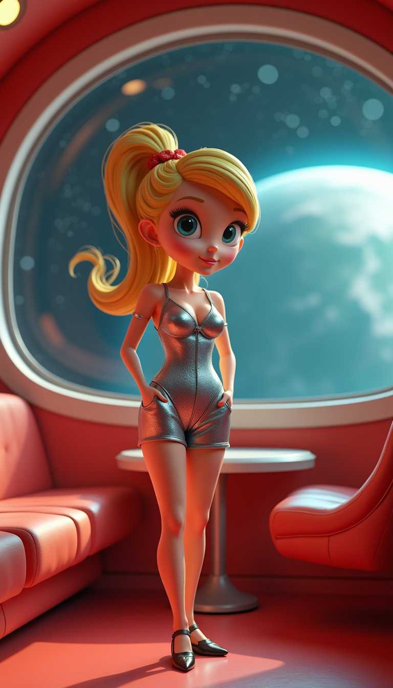This image is a 3D rendered scene that captures a stylized female figure in a vibrant and dramatic setting. The art style is reminiscent of a pinup or burlesque aesthetic, with a focus on exaggerated curves and a playful, seductive pose. 3d cartoon girl, hands in pockets, large eyes. 3d cartoon plejaren flying saucer interior, in space, controlled by a blonde nordic woman wearing a silver leotard  on her way to Earth