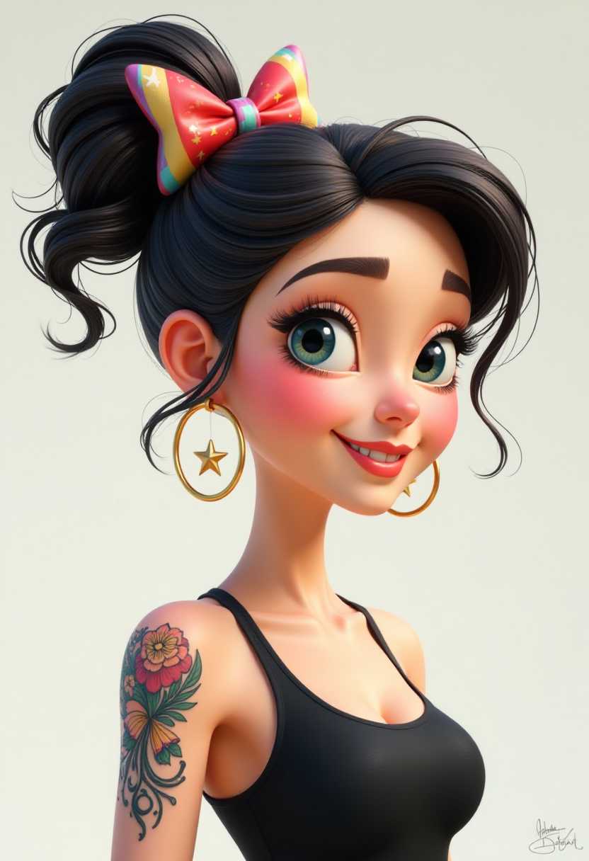 3d cartoon woman. The characters hair, which is styled in an elaborate updo with strands of hair sticking out in various directions. It is adorned with a large, colorful bow that adds a playful touch to the overall look.2. The characters earrings, which are large hoop earrings with a star design, adding a touch of glamour and modernity.3. The tattoo on the characters left shoulder, which is a detailed and intricate design with floral and geometric elements, suggesting a sense of rebellion or personal expression.4. The characters clothing, which is a simple black tank top, allowing the focus to remain on the characters expressive features and accessories.